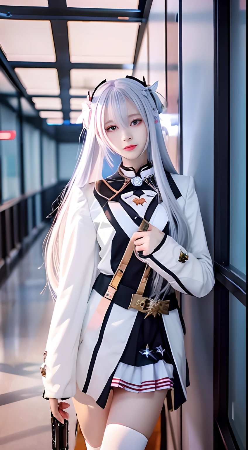 Anime girl with long hair and white coat standing in the hallway, girls frontline style, from girls frontline, from arknights, portrait anime space cadet girl, Cute anime girl, Anime visuals of cute girls, silver hair girl, an anime girl, Anime Mecha Aesthetics, anime aesthetic, Beautiful Anime Portrait, Portrait Anime Girl, pretty anime girl, Beautiful anime girl