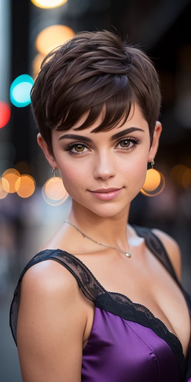 Photo of a 17-year-old European girl, .RAW, beautiful woman, pecas en mejillas y pecho ,hermosos ojos azules , coy smile (Light brown hair pixie haircut),corte de cabello pixie ((retrato)), ((Cara detallada:1.2)), ((Detailed facial features)), (Piel finamente detallada), Pale skin,parque, Noria de Londres、vestido elegante sin mangas , vestido escotado, guantes largos elegantes ,senos grandes , zapatillas lindas ,lindo maquillaje, Purple eyeshadows on eyelids ,Un sexy(cool color), humid, humid, Reflectores, (Masutepiece) (proporciones perfectas)(fotos realistas)(La mejor calidad) (Detallado) fotografiado con una EOS R5 de Canon, Lente de 50 mm, f/2.8, NffSW, (8k) (papel tapiz) (cinematic lighting) (Dramatic lighting) (foco nítido) (Enrevesado) moda, tocando guitarra electrica, Seeing the camera