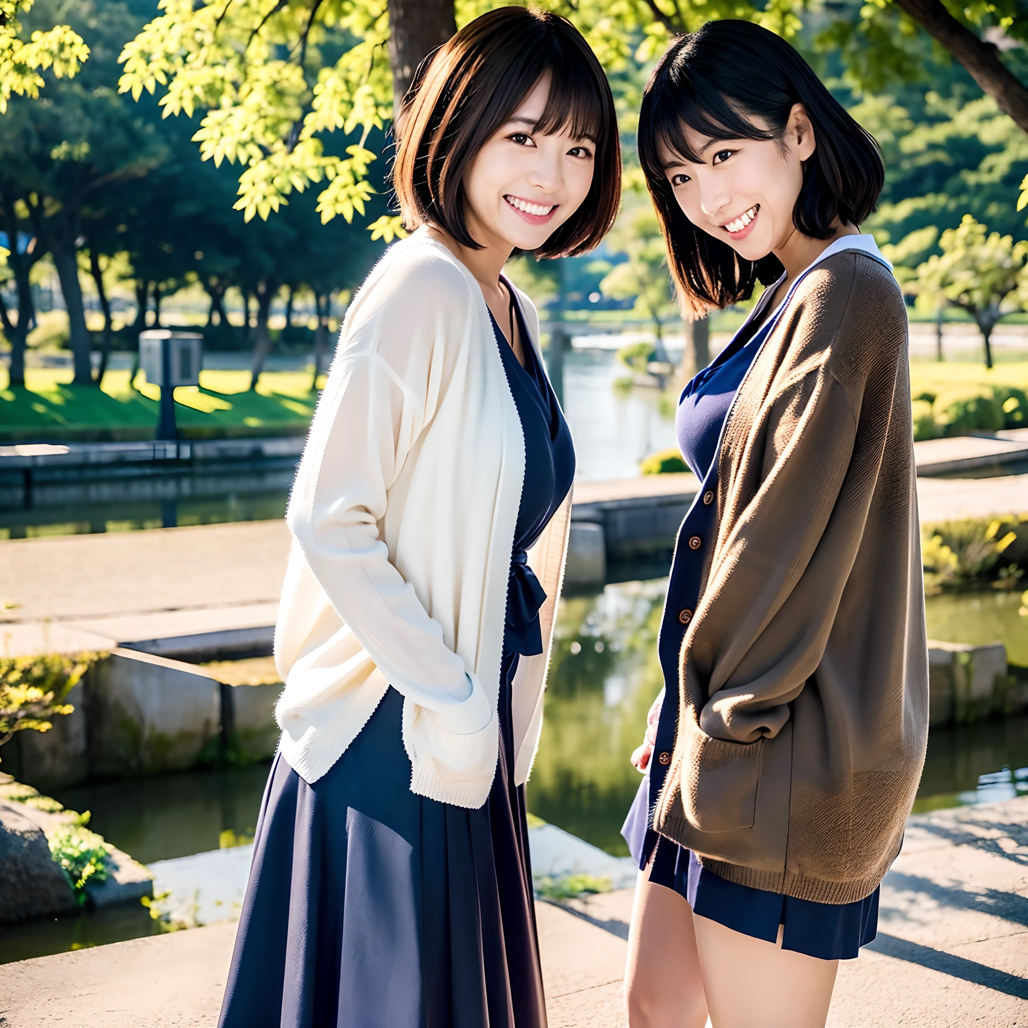 Two Japan women taking photos in a park on the Sumida River in Japan、She was a 27-year-old woman with loose, fluffy short hair and lobbed hair、One is a 31-year-old woman with small breasts and a dark brown lob、The two are having fun、small tits、Small、discreet breasts、street snap、Adult Women's Plain Clothes、a sailor suit、cardigan、Sheer feeling、Beautuful Women、Looking at me with a smile、Staring at each other