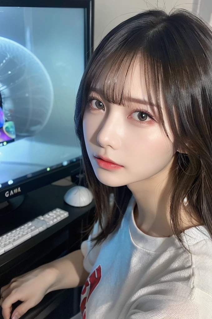 sweatshirt、(top-quality,masterpiece:1.3,超A high resolution,),(ultra-detailliert,Caustics),(Photorealsitic:1.4,RAW shooting,)Ultra-realistic capture,A highly detailed,high-definition16Kfor human skin、 Skin texture is natural、、The skin looks healthy with an even tone、 Use natural light and color,One Woman,japanes,,kawaii,A dark-haired,Middle hair,(depth of fields、chromatic abberation、、Wide range of lighting、Natural Shading、)、、(In front of a gaming computer)、(Hair swaying in the wind:1.2)
