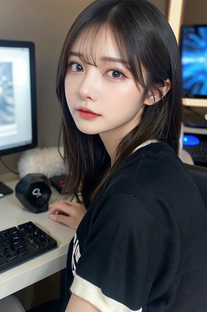 sweatshirt、(top-quality,masterpiece:1.3,超A high resolution,),(ultra-detailliert,Caustics),(Photorealsitic:1.4,RAW shooting,)Ultra-realistic capture,A highly detailed,high-definition16Kfor human skin、 Skin texture is natural、、The skin looks healthy with an even tone、 Use natural light and color,One Woman,japanes,,kawaii,A dark-haired,Middle hair,(depth of fields、chromatic abberation、、Wide range of lighting、Natural Shading、)、、(In front of a gaming computer)、(Hair swaying in the wind:1.2)