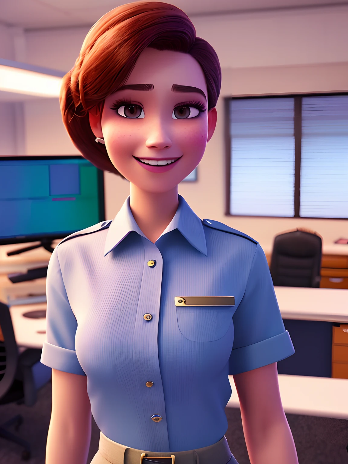 pixarstyle a waist-length portrait of a young woman in a office shirt, smile, office, natural skin texture, 4k textures, hdr, intricate, highly detailed, sharp focus, cinematic look, hyperdetailed
