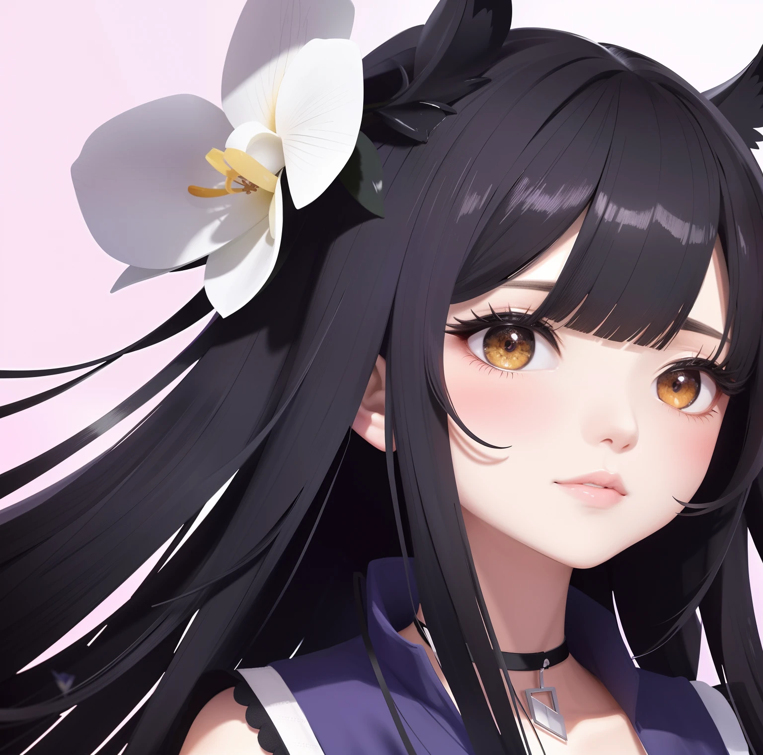 Menina anime com cabelo preto longo segurando uma flor, with an orchid in the, anime vibes, Estilo anime bonito, illustration Anime style, estilo anime 4K, estilo anime, menina anime sedutora, arte digital estilo anime, her face looks like an orchid