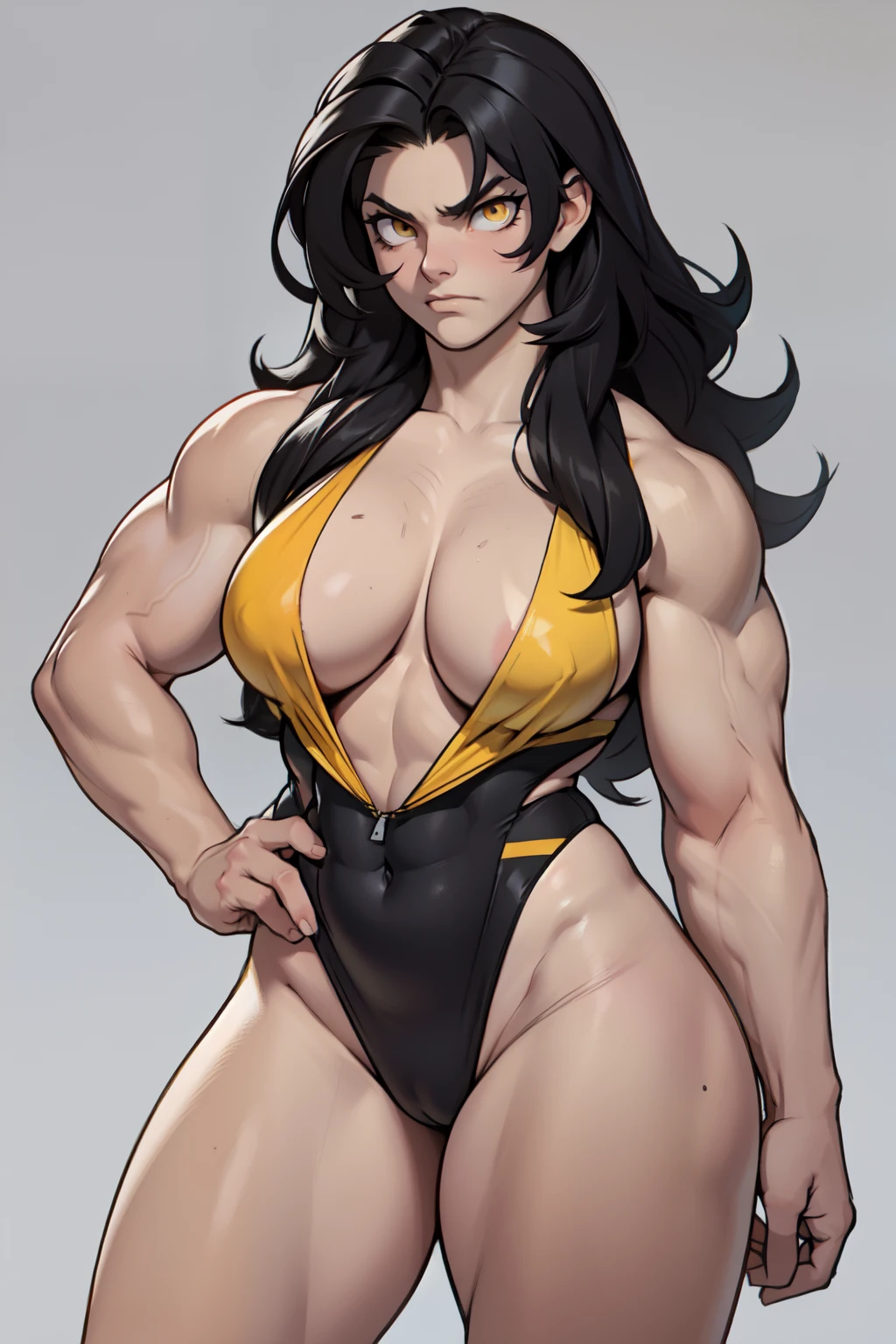 (1girl) pale skin huge breasts (muscular)) toned body thick thighs black hair yellow eyes (skimpy swimsuit long hair grey background) bodybuilder angry