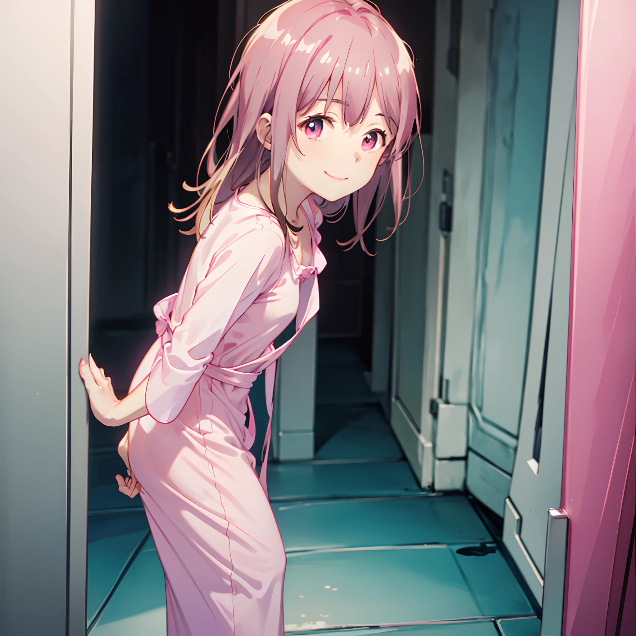 Pink translucent Night gowns, standing in front of the door, looking at viewers, smiling