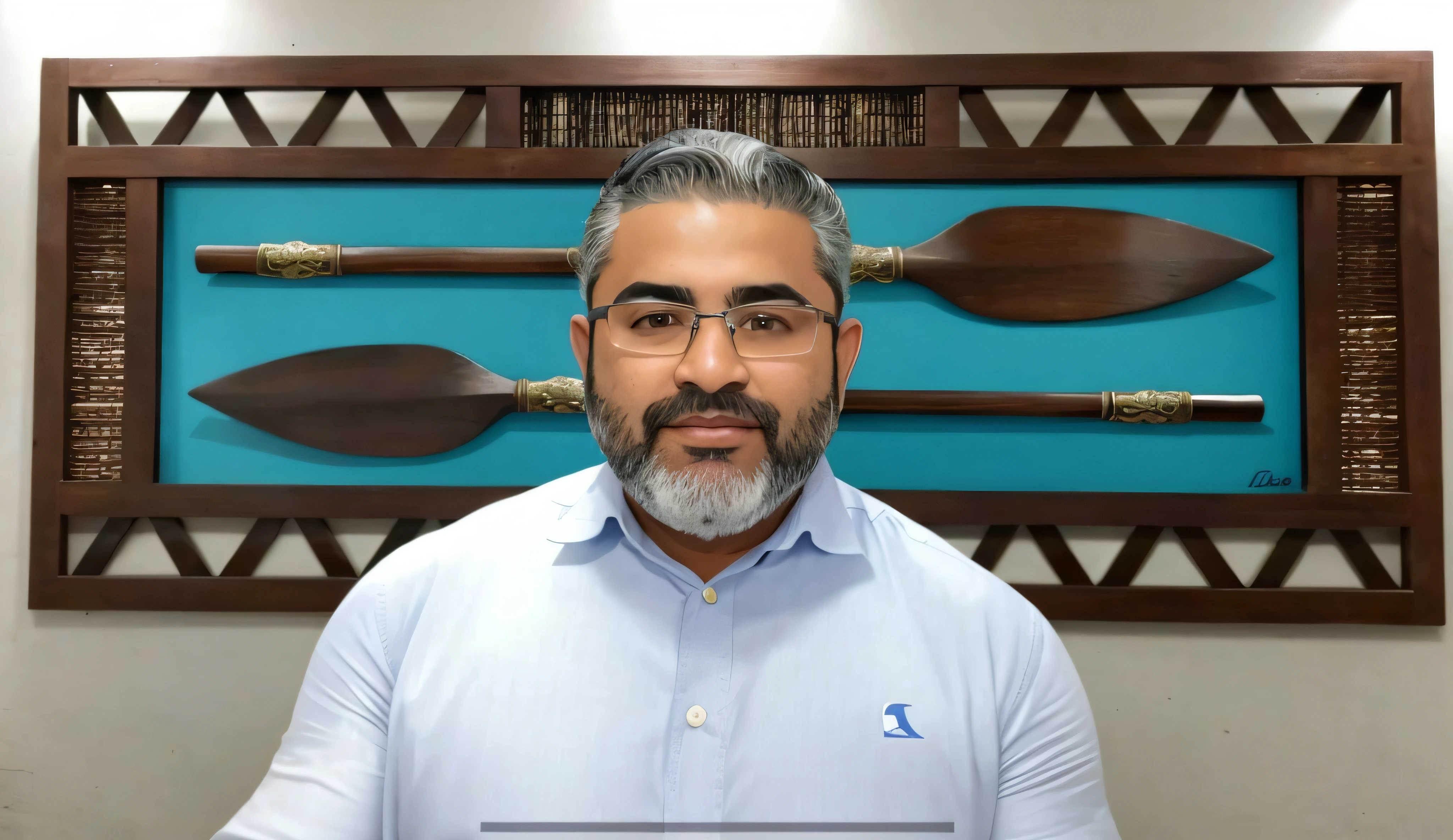 Man in light blue shirt and glasses standing in front of a frame with two oars opposite each other, youtube video screenshot, Emad Mostaque, tiro frontal, imagem frontal, Khyzyl Saleem, david rios ferreira, retrato frontal, staring directly at camera, José Moncada, daniel mirante, facebook post, Carlos Ortega Elizalde, luiz escanuela
