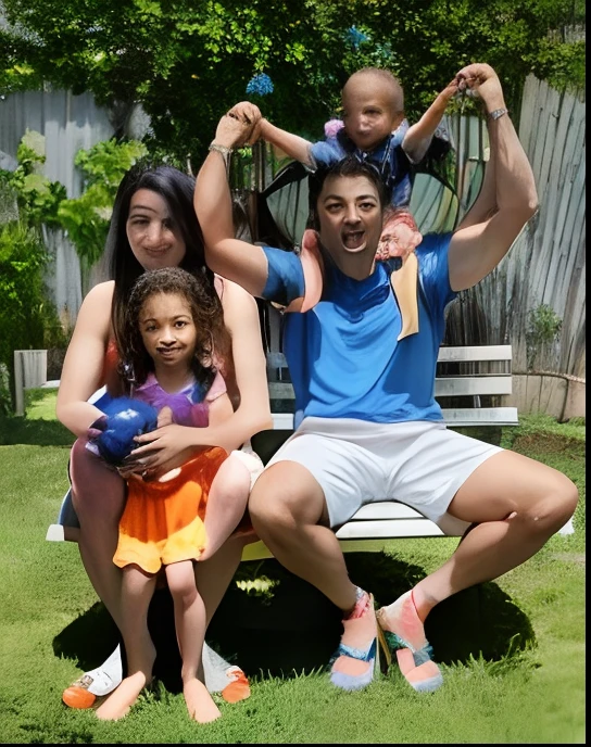 Araffe family sitting on a bench in a backyard with a child on their shoulders, Family photo, foto de perfil, foto de perfil, Happy family, imagem de perfil, divertindo-se, family portrait, photo shoot, vacation photo, Ronaldo Nazario, Divertindo-se ao sol, 🌻🎹🎼, foto do instagram, Ronaldo brasileiro, Joel Torres