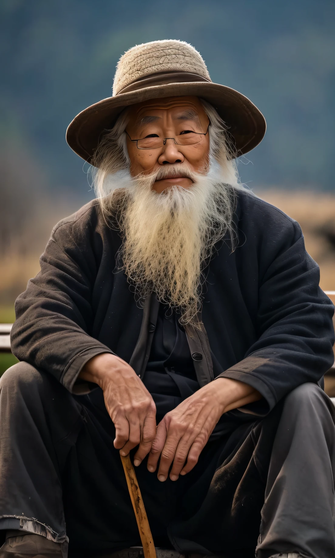 Asian man with long beard and hat sitting on a bench, Wise old man, An old man, portrait photo of an old man, old man, Asian people, an 80 year old man, old man portrait, old male, peaceful expression, Perfectly centered portrait, photo of a man, chinese artist, a old man,Old man with glasses