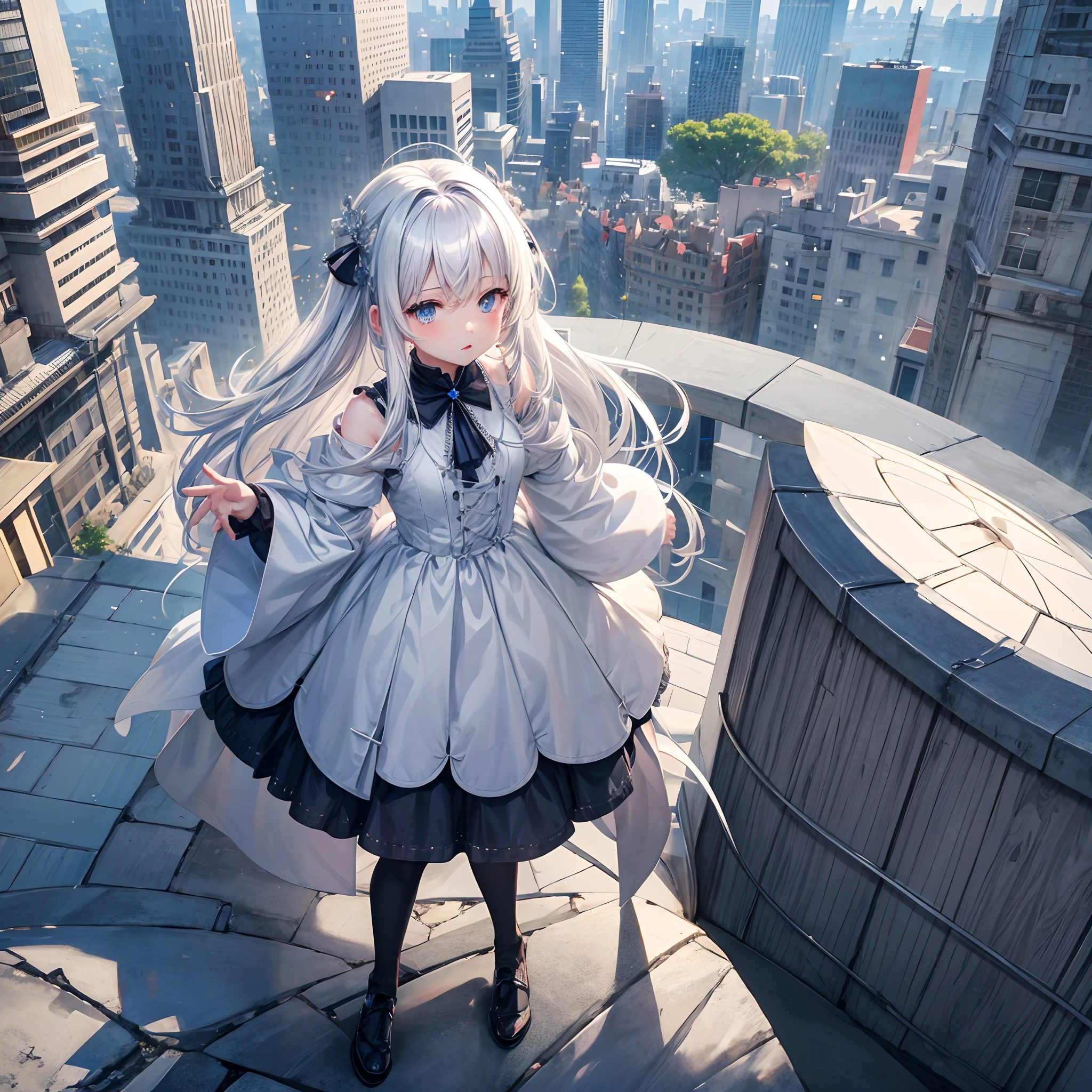 The background is a city, perfect gray hair girl, loli in dress, White-haired, white haired god, Cute anime waifu wearing beautiful clothes, Gray-haired, best anime 4k konachan wallpaper, little curve loli, Guvez on Pixiv Art Station, white-haired girl, nightcore, Stand on a tree, Looking up at the stars, hyperdetailed face