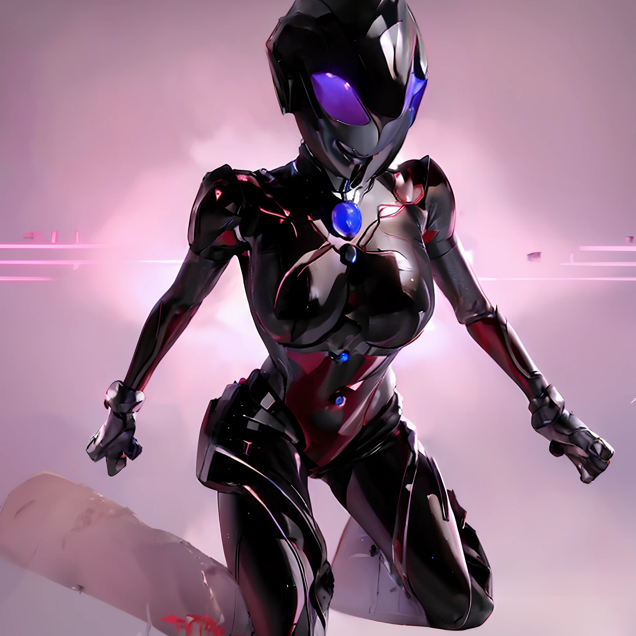 Ultraman Woman, (High quality)(The sheen)Covering her naked face with a black mask, Female Solo, Alien eyes shine。The whole body is covered with a black bodysuit, One female protagonist, Pink lines all over the body, Dark background,