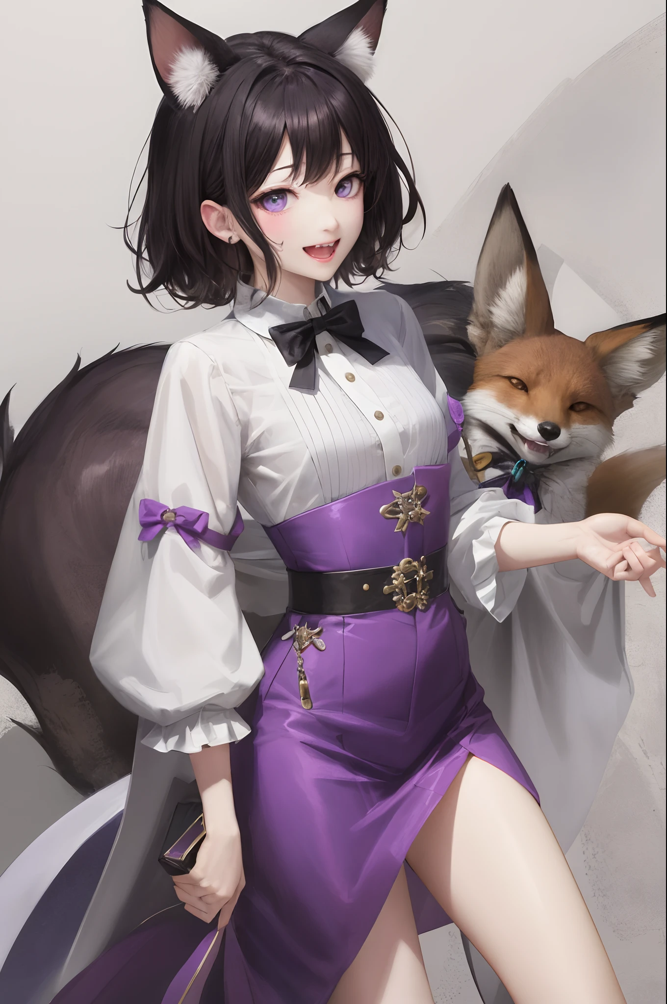 fox ear、Small fangs、A dark-haired、short-hair、a scool girl、Purple eyes、1 heavy、foxes