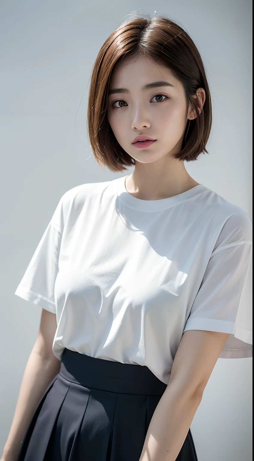 doress、(Photorealsitic:1.4)、(hyper realisitic:1.4)、(realisitic:1.3)、(Smooth lighting:1.05)、(Improved lighting quality in movies:0.9)、32K、1girl in、20 years girl、Realistic lighting、Back lighting、Facial light、raytrace、(brightened light:1.2)、(enhanced quality:1.4)、(Top quality real texture skins:1.4)、finely eye、finerly detailed face、Fine quality eye、(Tired, sleepy and satisfied:0.0)、 close up of face、white t-shirts、(enhance body line mood:1.1)、(Increase the beauty of skin texture:1.1)、((Mio Imada))、Concrete background、Short bob hair with uniform shape on the left and right