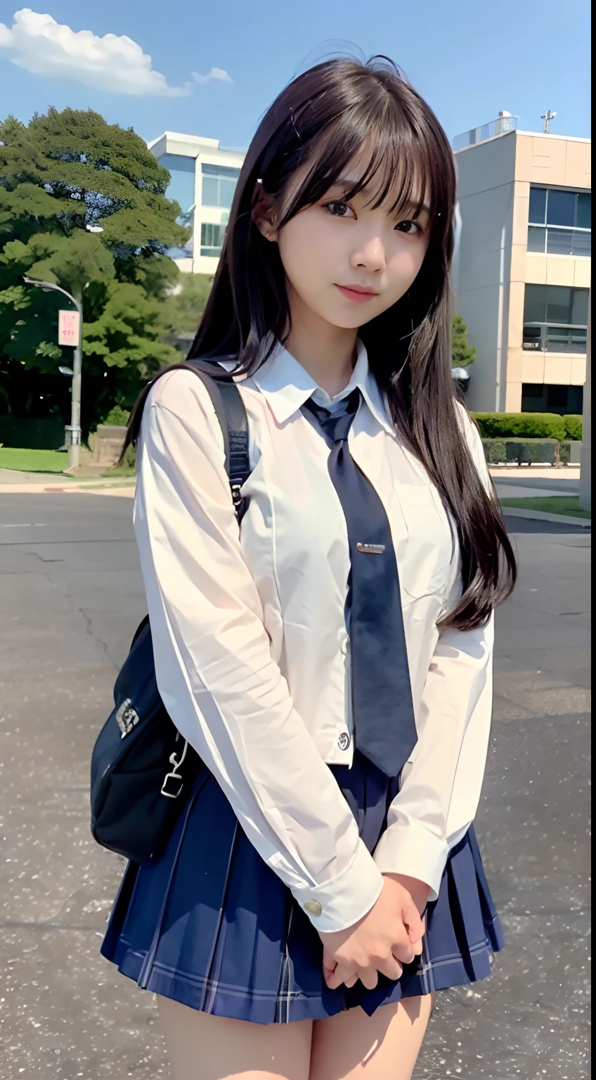 (16 K, Raw photography, Top image quality, ​masterpiece: 1.45), (realisitic, Photorealsitic: 1.37), one girls, cute little, A city scape,, profetional lighting, photon maping, school classrooms, physically-based renderingt, dark brown  hair,pony tail hairstyle, Well-groomed and beautiful eyes、((二重まぶた))、Transcendent Cute Girl, (((student clothes、blazers、Long sleeve shirt worn by Japan high school girl、Ribbon Ties、Dark blue mini skirt,、Dark blue socks、Black loafers))), Top Quality Photos, hight resolution, 1080p, (clearface), (Detailed face description), (Detailed hand description), (​masterpiece), (Exquisite CG)、extreme light and shadows、dishevled hair、master work、abundant detail、(Fine facial features)、(top quality photo)、(masuter piece)、(A detailed eye)、Look in front of you、Fine clavicle、((Slender big))、(((Japan schoolgirls wear jackets and long-sleeved shirts)))、((Neat and clean idol))、((School Gate、school ground、School building in the background))、(Shooting from random perspectives)、(((Anyway cute)))、耳Nipple Ring、A big smile、Drawing the whole body from the knees、Do not draw nasolabial folds、(((Sports bags used by Japan schoolgirls)))、(Big breasts that hang down big:1.2)、Big buttocks with tension、Two arms and two legs、(((from the front side:0.7)))、bare hand、(((Left and right symmetrical eyes)))、Standing Pose、Put your hands on your desk、Do not take the tie out of the jacket、Raise your buttocks:1.5，barebacked:1.5，
