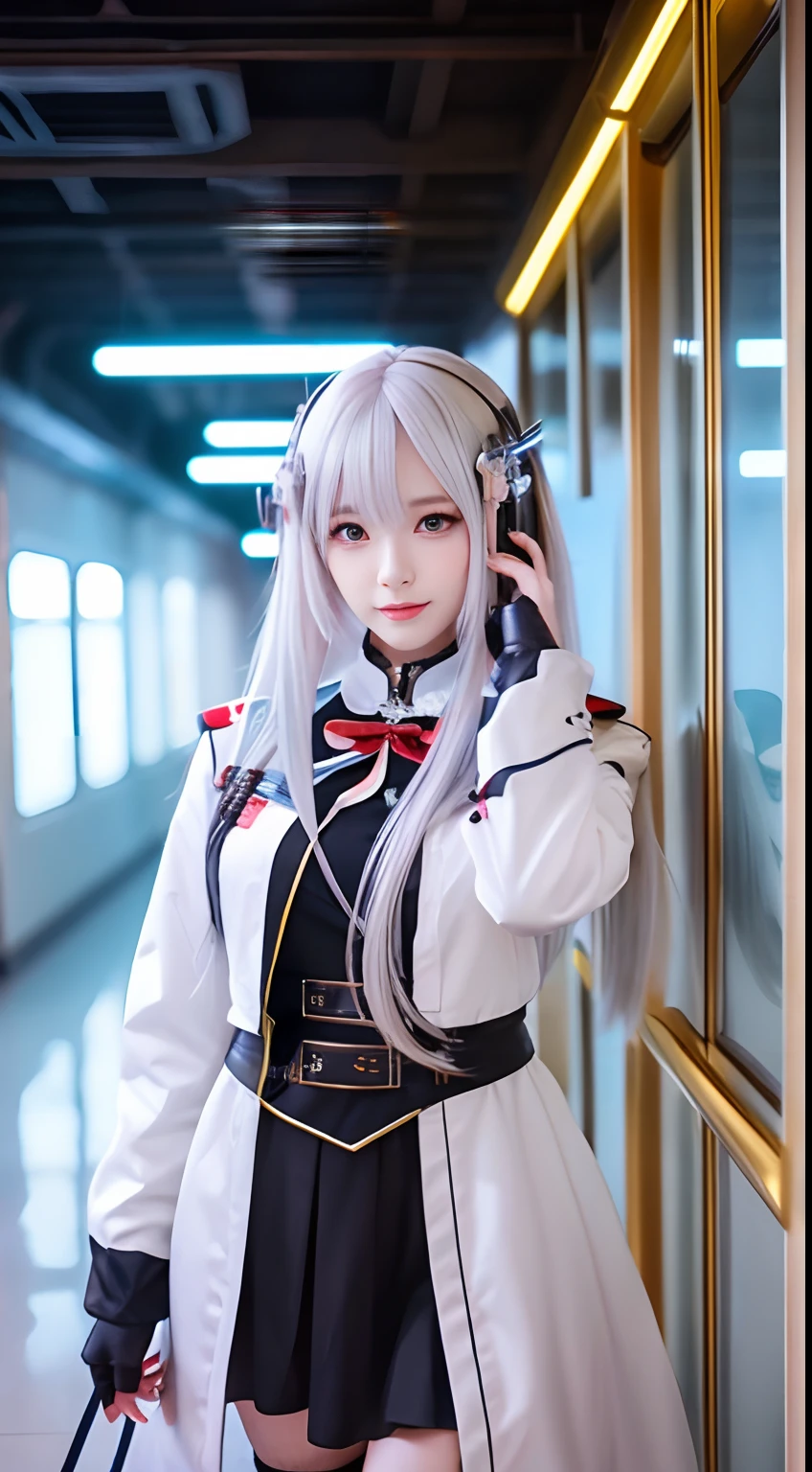 Anime girl with long hair and white coat standing in the hallway, girls frontline style, from girls frontline, from arknights, portrait anime space cadet girl, Cute anime girl, Anime visuals of cute girls, silver hair girl, an anime girl, Anime Mecha Aesthetics, anime aesthetic, Beautiful Anime Portrait, Portrait Anime Girl, pretty anime girl, Beautiful anime girl