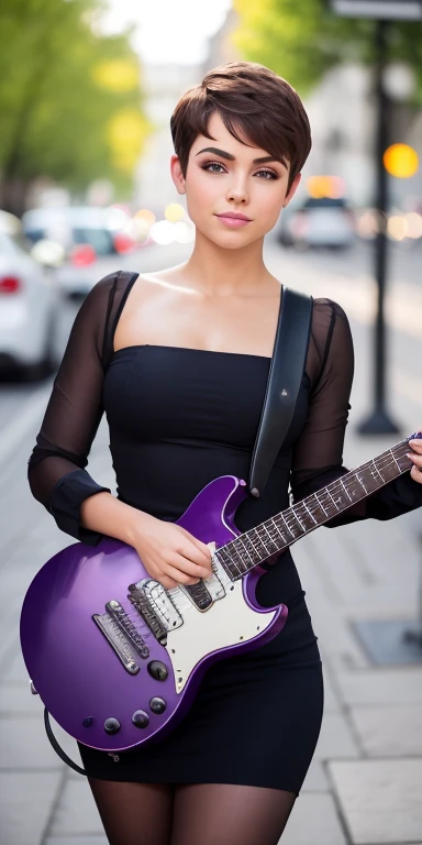 Photo of a 17-year-old European girl, .RAW, beautiful woman, pecas en mejillas y pecho ,hermosos ojos azules ,lindos ojos azules , linda sonrisa (Light brown hair pixie haircut),corte de cabello pixie ((retrato)), ((Cara detallada:1.2)), ((Detailed facial features)), (Piel finamente detallada), Pale skin,parque, Noria de Londres、vestido elegante sin mangas , vestido escotado, guantes largos elegantes ,senos grandes , zapatillas lindas ,lindo maquillaje, Purple eyeshadows on eyelids ,Un sexy(cool color), humid, humid, Reflectores, (Masutepiece) (proporciones perfectas)(fotos realistas)(La mejor calidad) (Detallado) fotografiado con una EOS R5 de Canon, Lente de 50 mm, f/2.8, NffSW, (8k) (papel tapiz) (cinematic lighting) (Dramatic lighting) (foco nítido) (Enrevesado) moda, tocando guitarra electrica, viendo al espectador , tocando guitarra electrica morada