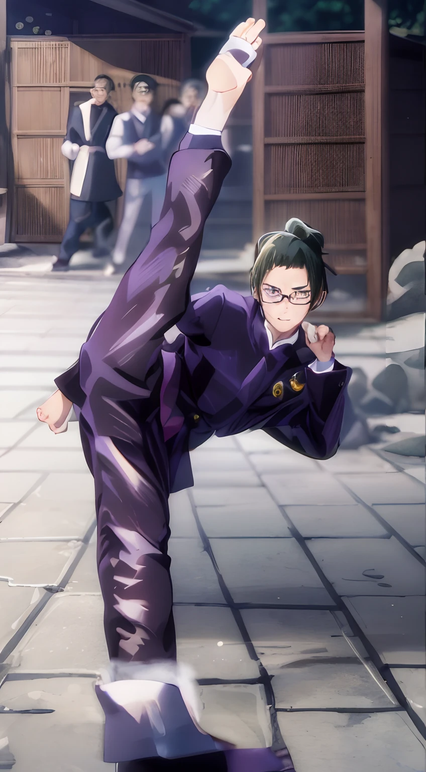 zenin_maki
ponytail
glasses
bangs
green hair
brown eyes
jujutsu_uniform
purple jacket, Personaje de anime con un traje morado haciendo una patada con un grupo de personas en el fondo, inspirado por Okumura Masanobu, Shinkai Makoto, Hijikata Toushirou de Gintama, Clave visual, Ilustraciones de Ryuta Ueda, Estilo Kentaro Miura, Tsurumaki Kazuya, Shikanosuke Yagaki