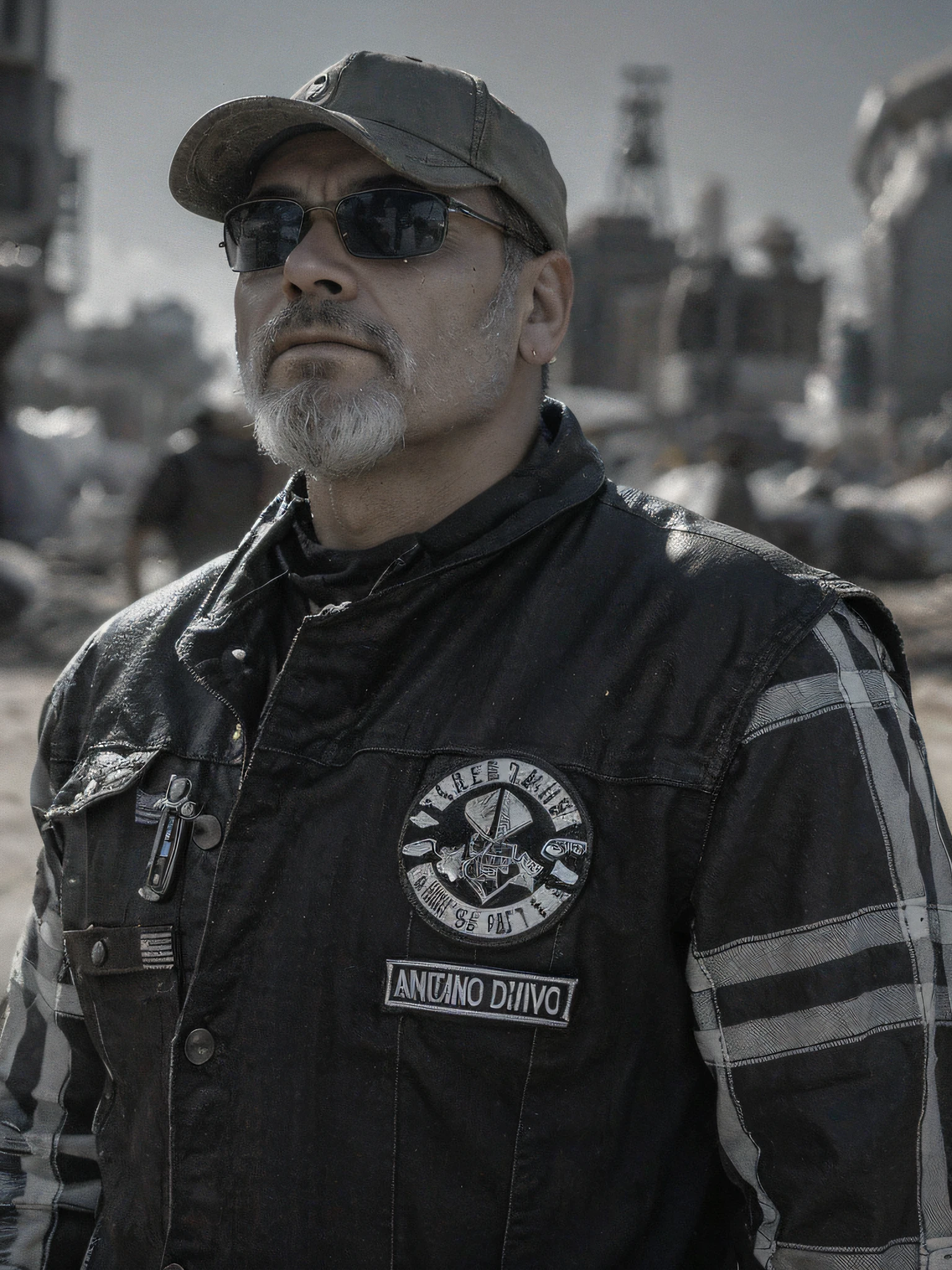 A Wasteland Punk is in the middle of the Wasteland (((retrato de um, um closeup))), Engulfed by dust turbulence. The camera zooms in on a man, captando a intensidade em seus olhos, quando olha ao longe. Os detalhes de suas roupas desgastadas e armaduras improvisadas ficam mais claros a cada zoom, Colcha de retalhos feita de materiais, costurados juntos. Quando o zoom atinge seu pico, the focus shifts to your hands, who have discarded weapons in their hands, Demonstration of the character's resourcefulness and survival skills. The tooltip is implemented in the style of the 3D sculpture, Using a combination of modeling and texturing techniques to bring the character and environment to life.
