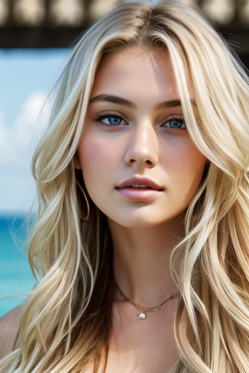 1girl in, Age19, Only, Long hair, Colossal tits, Looking at the viewer, Wavy blonde hair, Bare shoulders, Jewellery, Full entire body, (extremely detailed 8K background image), Soft light, High quality, Film grain, Fujifilm XT3 sharp focus, f 5.6, High detail, Sharp focus,(natural lightting), (Closeup:1.2), (seductive), Realistic, One sexy