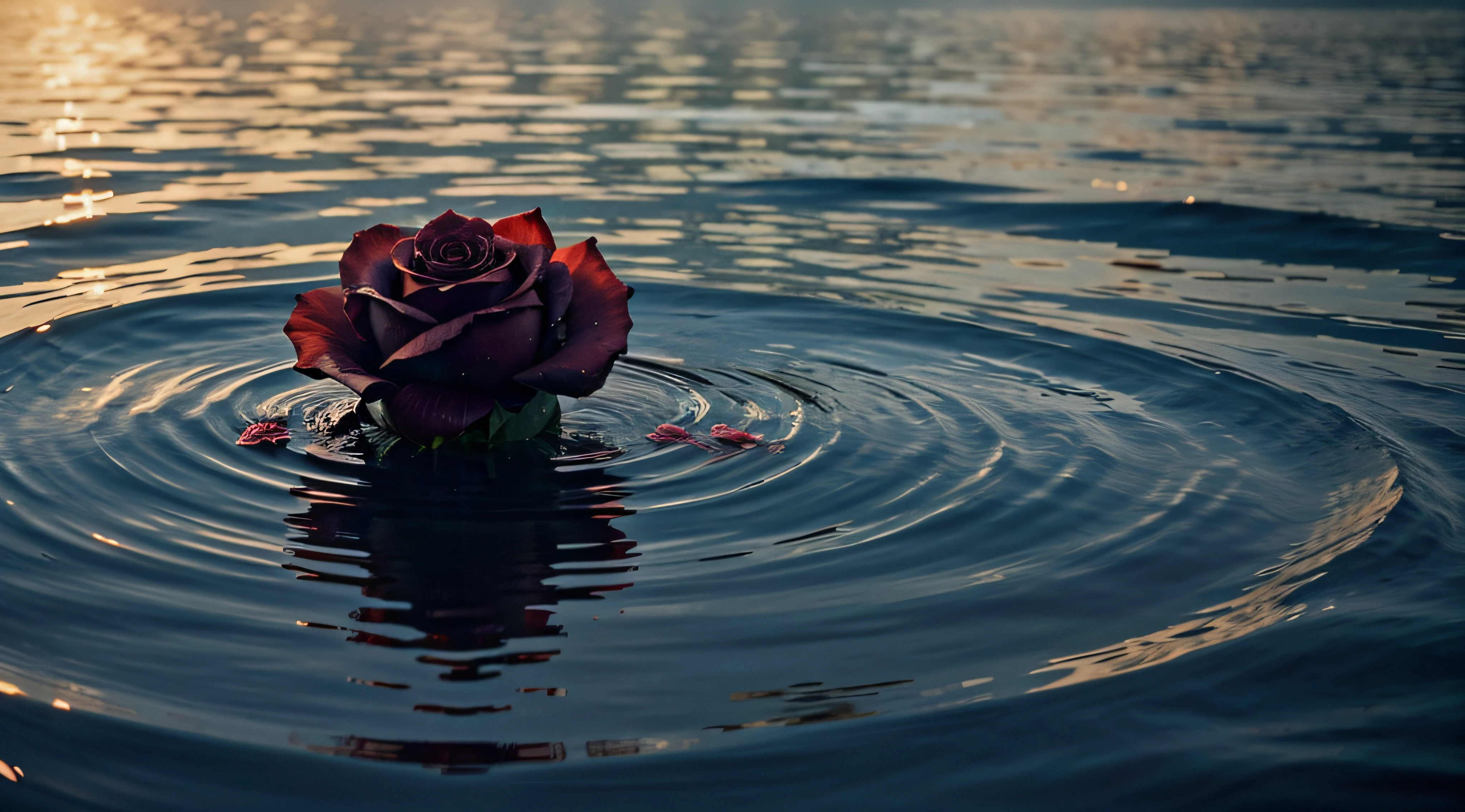in which a rose slowly emerges and disappears from under the surface of a calm lake."
