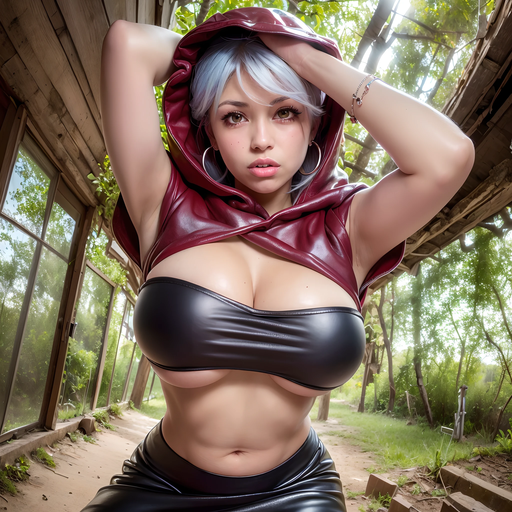(masutepiece:1.2, Best Quality:1.2), 32K HDR, High resolution, Cowboy Shot, Solo, 1girl in, (Mariah \(jojo\), Dark skin, dark skinned female, deadpan, Tanned skin:1.3, hoods:1.15, Wine Red Food, Mini skirt, Black skirt, Leather skirt, pantyhose, exposed midriff, Jewelry, earrings, Sunglasses on the head:1.1), (ultra gigantic tits, super gigantic breast, SuperHuge boobs, ultra huge cleavage), (In an abandoned hut:1.1, farms), (squat down, Show me your sexy armpits:1.3, Exposed shaved armpits:1.3), Detailed face, Detailed eyes, Detailed skin texture,