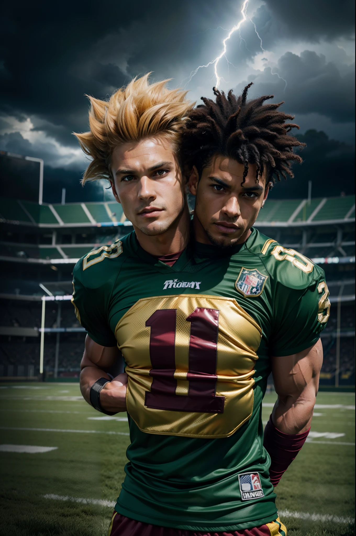 (((2heads))),Generate an image of a, male, American football player who resembles a Super Saiyan version of Goku from Dragon Ball Z. The football player's body should be muscular and powerful, with maroon-colored football attire that features the number '69' in silver on the chest. The player's skin should have a rich brown tone, and they should have short, curly brown hair and brown eyes. Blonde, black hair,Place the football player on a football field with lush green grass and white goalposts. In the background, add dramatic stormy weather with dark clouds, lightning strikes, and thunder rumbling, creating an intense and electrifying atmosphere