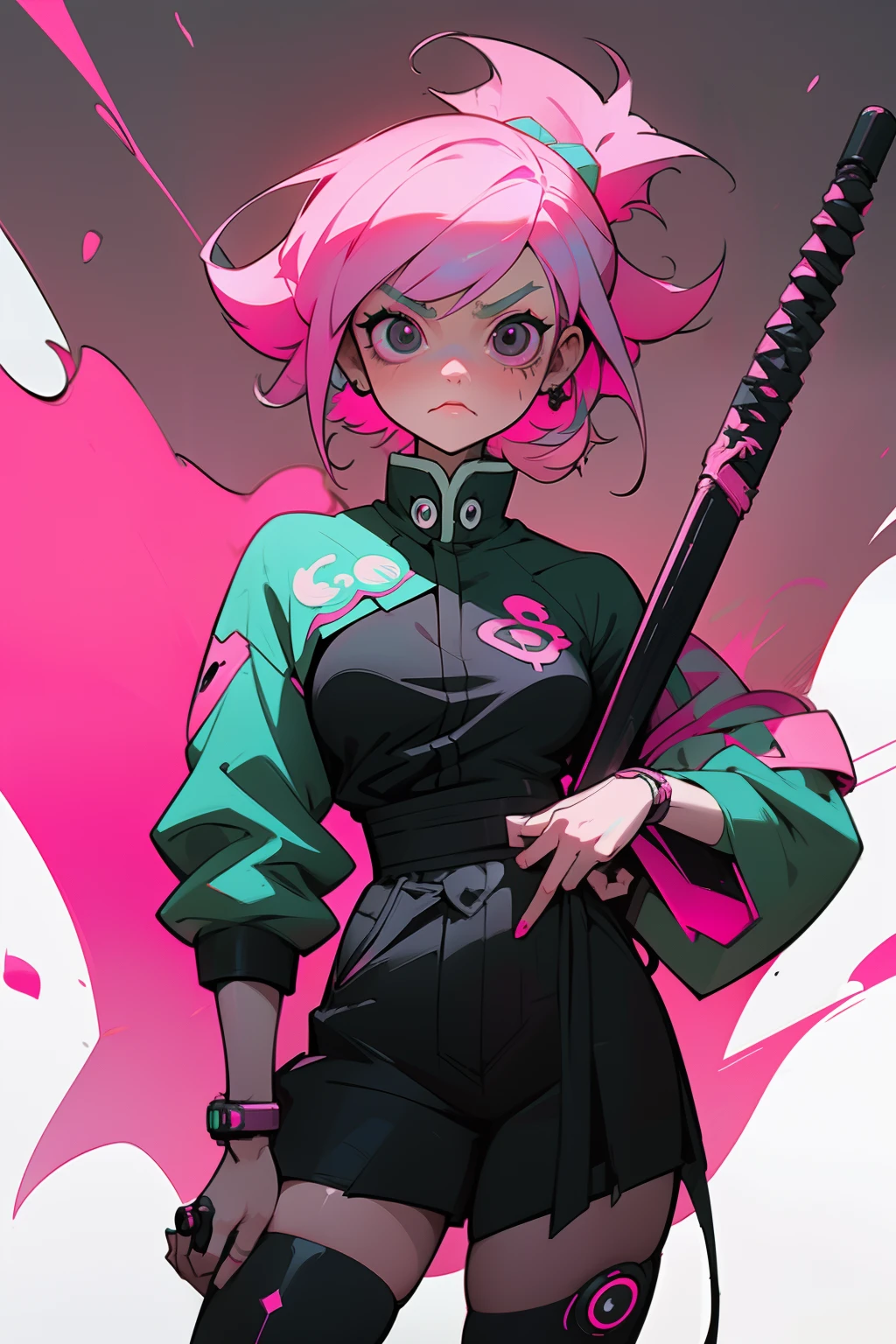 anime girl with pink hair and black eyes holding a bat, rossdraws cartoon vibrant, cyberpunk art style, digital cyberpunk anime art, anime cyberpunk art, anime style 4 k, :: rossdraws, cyberpunk artstyle, cyberpunk anime art, demon slayer artstyle, neonpunk, demon slayer rui fanart, cyberpunk anime girl, anime styled digital art, female cyberpunk anime girl