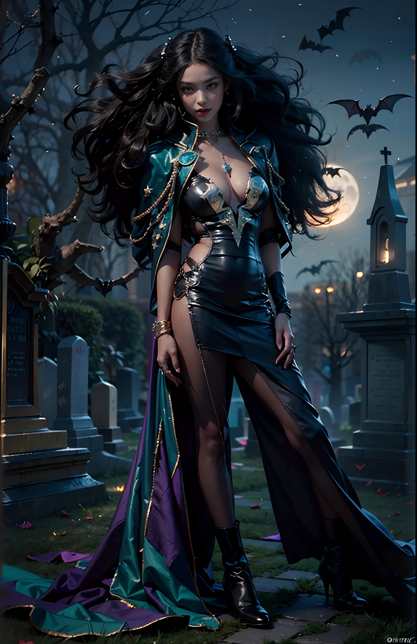 ((16-year-old))) black girl, (((light skin))), (((vampire))), (((New Orleans cemetary, early 20th century night time during mardi grad))), (((bats flying around))), dusk, (((close-up full body pose))), (((long wavy black hair))), high heel boots, (((wearing period clothing))), dark fantasy art, Rich, Deep Colours, (intricate details:0.9), (HDR, hyper-detailing:1.2), (natural skin textures, hyper realisitc, soft light, Sharp),