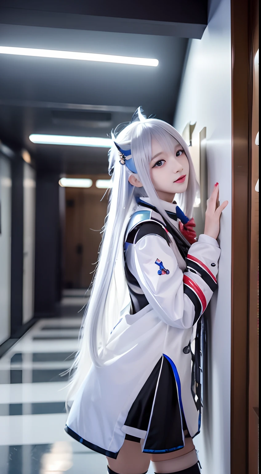 Anime girl with long hair and white coat standing in the hallway, girls frontline style, from girls frontline, from arknights, portrait anime space cadet girl, Cute anime girl, Anime visuals of cute girls, silver hair girl, an anime girl, Anime Mecha Aesthetics, anime aesthetic, Beautiful Anime Portrait, Portrait Anime Girl, pretty anime girl, Beautiful anime girl