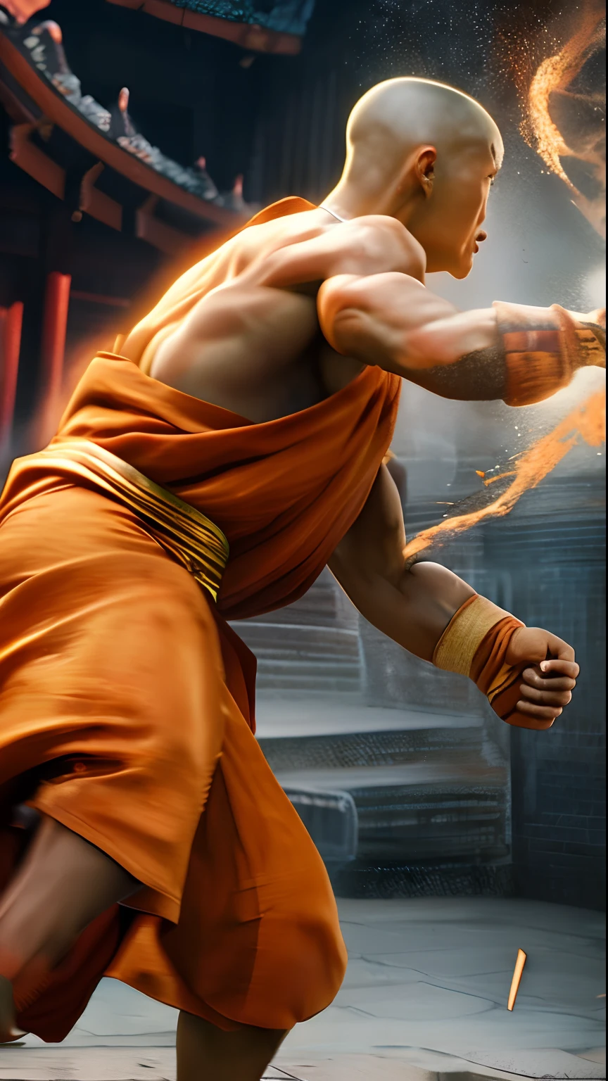 . Shaolin monk hyper - detailed, make a super power fist and destroys the world, cinematic 8k