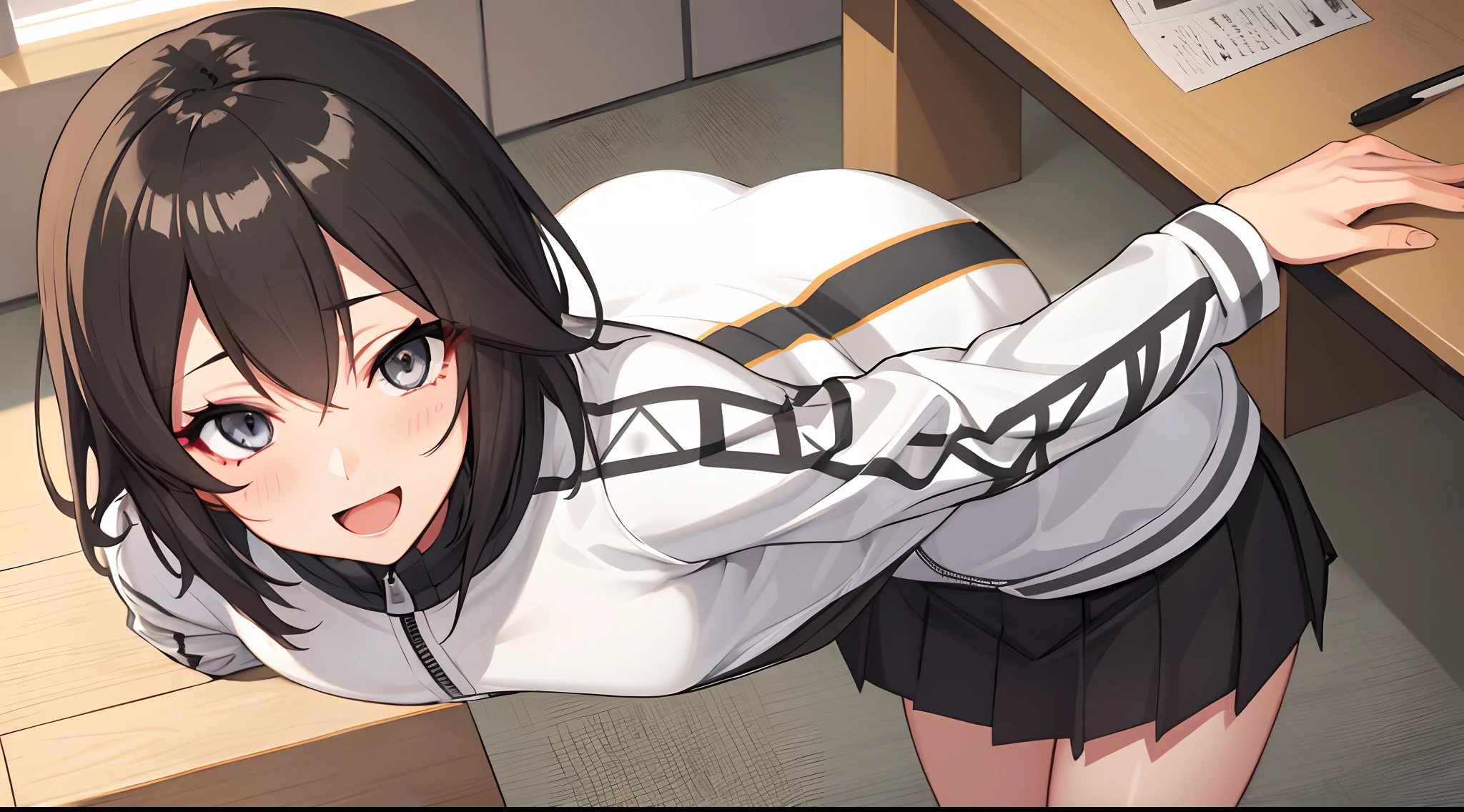 (masutepiece, Best Quality:1.4), (Ultra-detailed:1.2), {Illustration,painting-like}, {studio lights, painting-like}, [Best Shadow],
(Konishi CSA)_(Kujoko)_(Shizuma CSA), (Alpha CDE)_(Gamma CDE),
BREAK
(Perfect Anatomy), (symmetrical eye, Ultra-detailed eyes, Beautiful eyes), (Sharp eyeliner, Ultra-detailed face, Beautiful face), (grey  eyes),
break
Nice hands, Perfect hands, hand of Guido Daniele,
BREAK 
1girl, Solo,
break
Hayasui KC, Track jacket, (Black) Pleated skirt, (Black) sox, (brown) lowfers, (Long sleeves) Jacket, (zippers) Jacket,
BREAK
looking at viewer, face to the viewer, Smile, Open mouth, (Indoor, Office, livingroom), yokozuwari, Cowboy Shot, 
BREAK