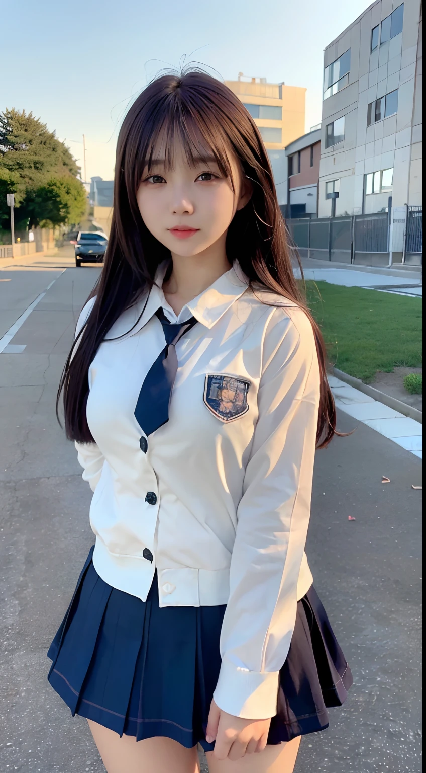 Campus Snap, (14 year old beautiful girl:1.3), (Baby Face:1.3), whole body, (Slender body line), (Small and slender figure:1.2), Sailor suit, mini skirt, (Skirt with side slits), (Exceptionally cute face:1.3), (Idol&#39;s face:1.3), (Symmetrical long side bangs:1.4), (Smooth and lustrous brown hair:1.3), (Hair soaring in the wind:1.4), (Wide open pretty eyes:1.3), (high nose:1.3), (Natural Lip Gloss:1.3), (Beautiful breasts:1.5), (Tight waist:1.3), (Thin thighs:1.3), (Little girl&#39;s small hand:1.2), (Detailed skin texture), (Photorealistic:1.4), (Professional Lighting), (Accurate Shadows:1.2), ((Highest quality, Ultra high definition, Masterpiece, highest quality)), (View the viewer:1.2)