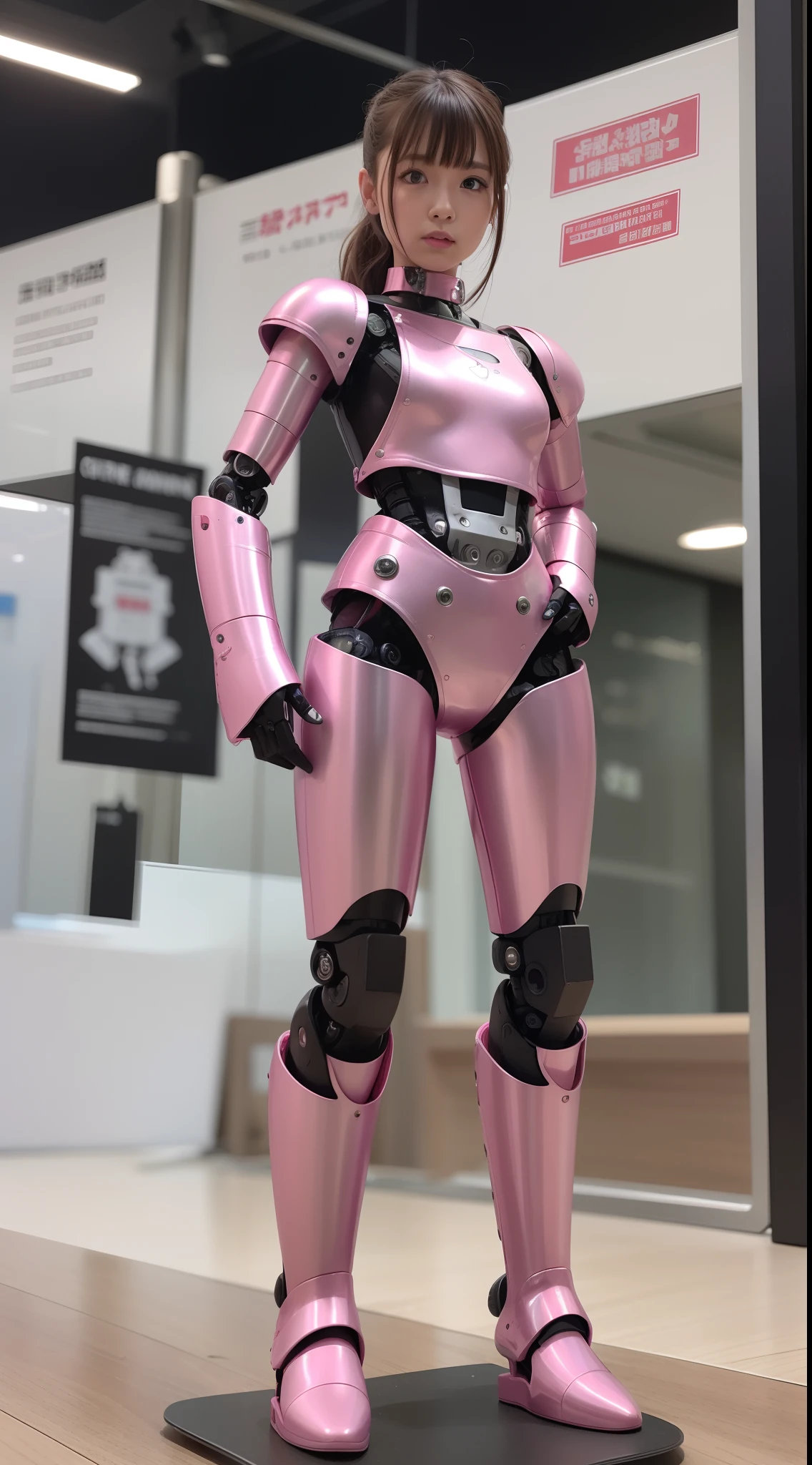 Robot Girl, pink there, Silver, Metallic body, Robot Parts, Metal Parts, Super Detailed Face, Super well-formed face, of the highest quality, a small face, small head, Brown hair, Slender body, Camera gaze, Internal Mechanical Exposure, Idol, front facing, Well-proportioned body, sale, exhibition, Event Hall, Moe Pose, pink metallic maid Dress Machine Armor, Standing with legs open, Hands on hips, Model body type, sad, Embarrassing,(Perfect Robot Girl),(Perfect machine body)