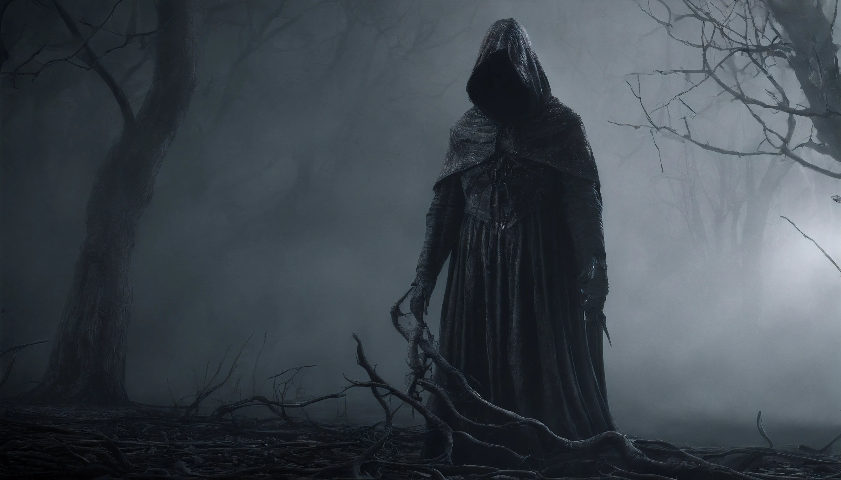 Create a frighteningly detailed and realistic depiction of the hooded figure of Death. The scene is expected to feature a black silhouette with a skull on a face and a skeletal hand holding a menacing sickle. Esta figura sinistra deve ter como pano de fundo uma noite nebulosa iluminada pela luz fria da lua. A imagem deve exalar uma atmosfera sinistra e arrepiante. Use Octane rendering to capture realistic textures and lighting. The resolution should be an impressive 8K, ensuring extraordinary clarity and precision in portraying the sinister aspect of Death.