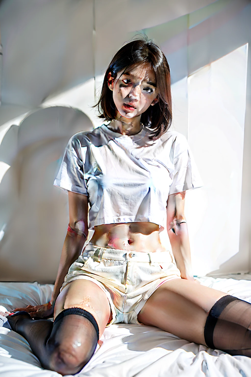 1girl in,white t-shirts、Navel Ejection、White socks below the knee、Knee shine、Perched on the bed、Mosaic at the eye