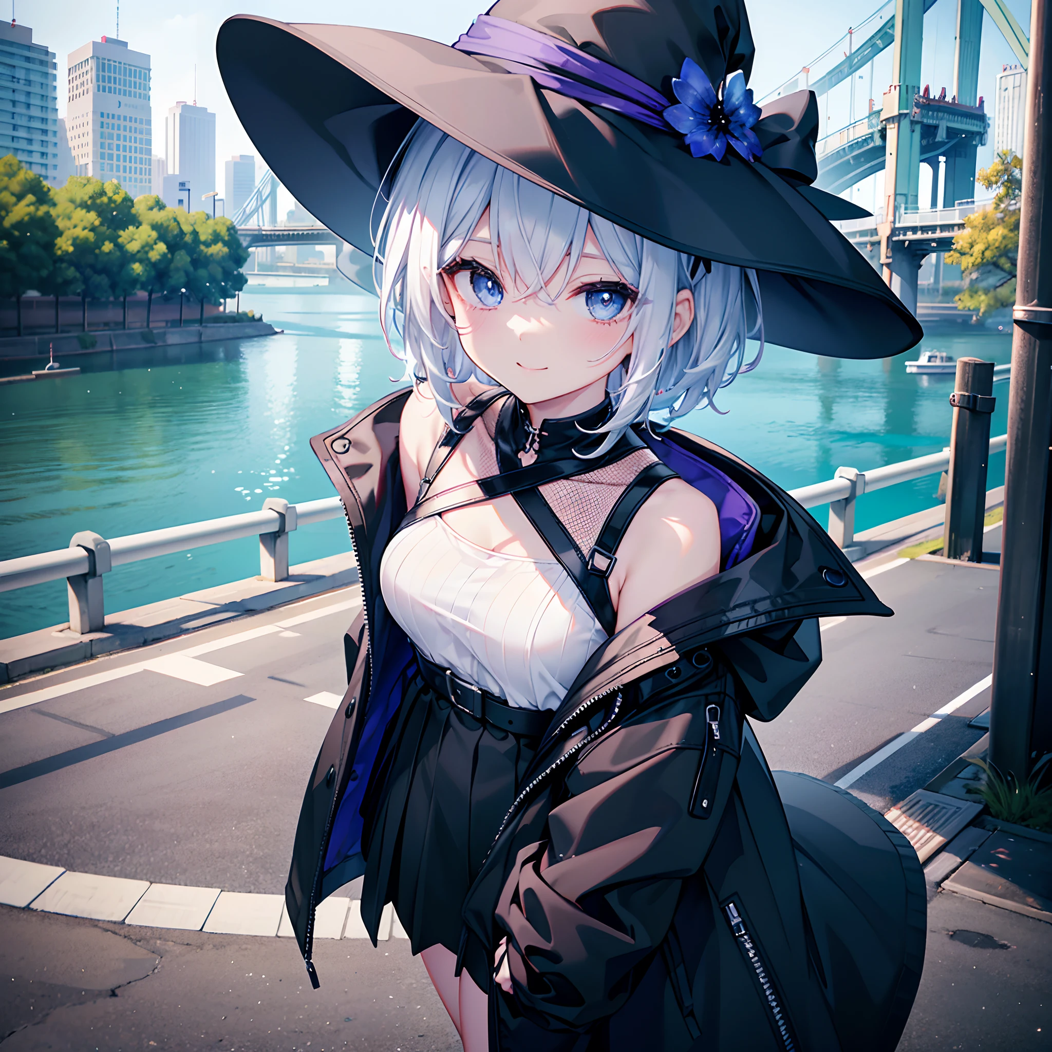 This is a park on the Sumida River in the middle of the night、One 27-year-old woman with small breasts、She wears a large black witch hat with sapphire accessories、White medium shorthair with blue-purple mesh、Looking at me with a smile、Blue eyes with highlights、Black long coat、White camisole、Black Midi Skirt、Black sneakers with white shoelaces、small tits、discreet breasts、hiquality、High Details、high-level image quality、4K picture quality、beatiful backgrounds