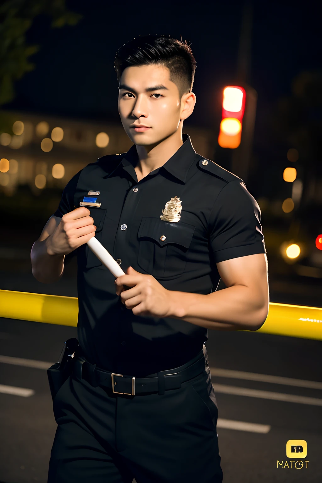 Asian male police officer posing in his 20s, Wear a black shirt, hight resolution, masutepiece, best qualtiy, Head:1.3,((Hasselblad Photo Grapp)), Fine fine skin, Clear focus, (Cinematic lighting), during night, Gentle lighting, dynamic angle, [:(Detailed face:1.2):0.2],(((exercise))), Sport, The muscles of the arm are very large, big bulge