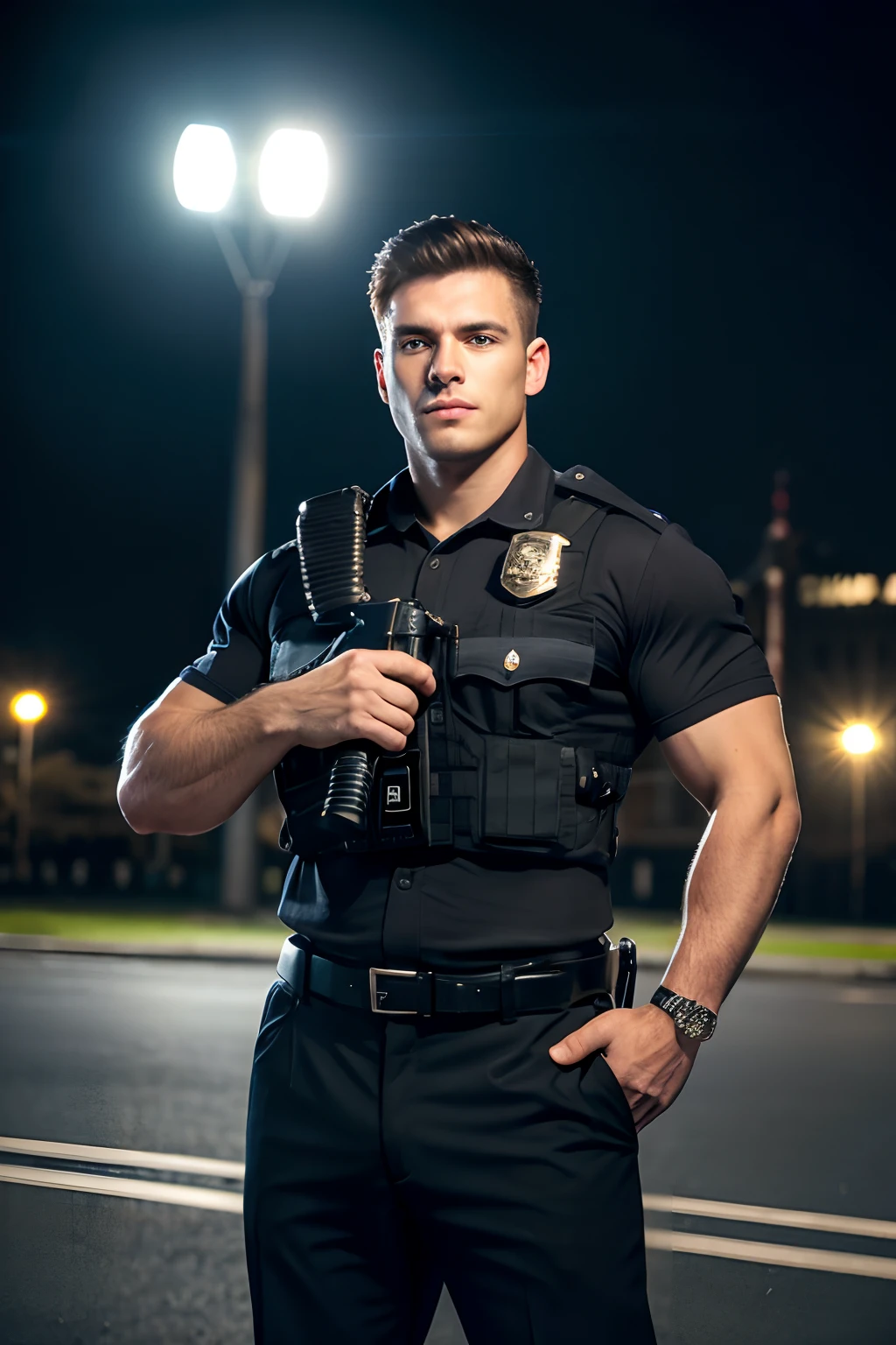 Posing of a male police officer in his 20s, Wear a black shirt, hight resolution, masutepiece, best qualtiy, Head:1.3,((Hasselblad Photo Grapp)), Fine fine skin, Clear focus, (Cinematic lighting), during night, Gentle lighting, Dynamic Angle, [:(Detailed face:1.2):0.2],(((exercise))), Sport, The muscles of the arm are very large, big bulge