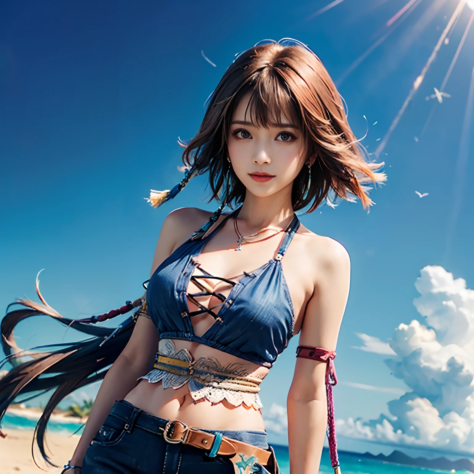 4K,1***********、Denim Bikini、masutepiece, hight resolution, ultra-detailliert), 1 female, 28 years old, Final Fantasy Yuna x2, More mature, ((Simple background)), Plain dark background, ((There is nothing in the background)), hyper realisitic, Yuna's Final Fantasy Costume, Yuna's original costume design in Final Fantasy X2, (((nffsw://www.Creative Uncut.。.。.com/Gallery-01/FF10 - 2 - Yuna 2...html))), Tattered Exposed Denim Shorts, Features of asymmetrical clothing, Belt on the left hip, Simulation of the best clothes, No collar, 1womanl, Windy nights, Yuna's Bob Hairstyle, busty, cleavage, middle_Breast, thicc body, Smile, Lack of hanging sleeves,, up close shot, full frontal shot, zoomed in shots, Visit HIPS Imagescope, Smile with closed mouth, head to waist, Characters looking at the camera, looking at you, YunaFFX, blue-beaded earring