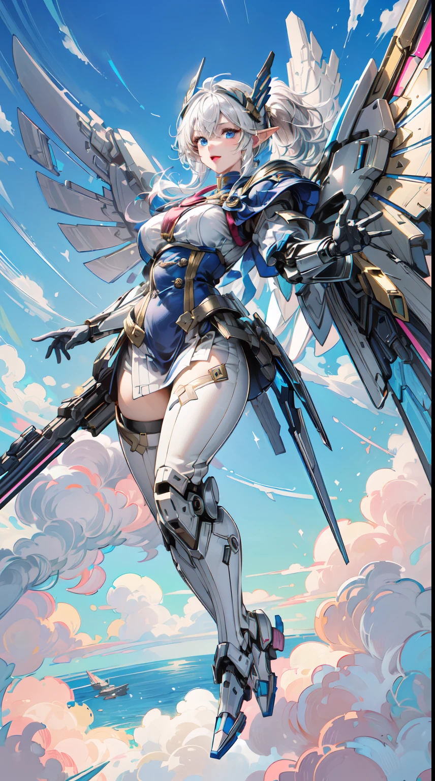 (Masterpiece, Best Quality, great, Highly detailed ajectar Unity、8k wallpaper, Depth-of-field, super fine-illustration:1.5)、3D, Extremely detailed, (s whole body、a mech elf girl:1.3), sci-fi battlefield, hawken, Smile, Open mouth, short ponytail hair, (white blonde hair, Deep Blue Eyes:1.2), Sparkling eyes, Cute face, kawaii, Large breasts, delicate hair, disheveled hair, (((Flying high in the sky))、Blue sky, white clouds), Shiny hair, shiny skin, (Symmetrical mechanical wing、Metallic colored mechanical wings that are widely expanded to the left and right so that they protrude greatly from the screen, headgear, white hair ornament), (Particles of light, Cinematic lighting: 1.3), (Thin pink lips: 0.8), by Yusuke Murata.