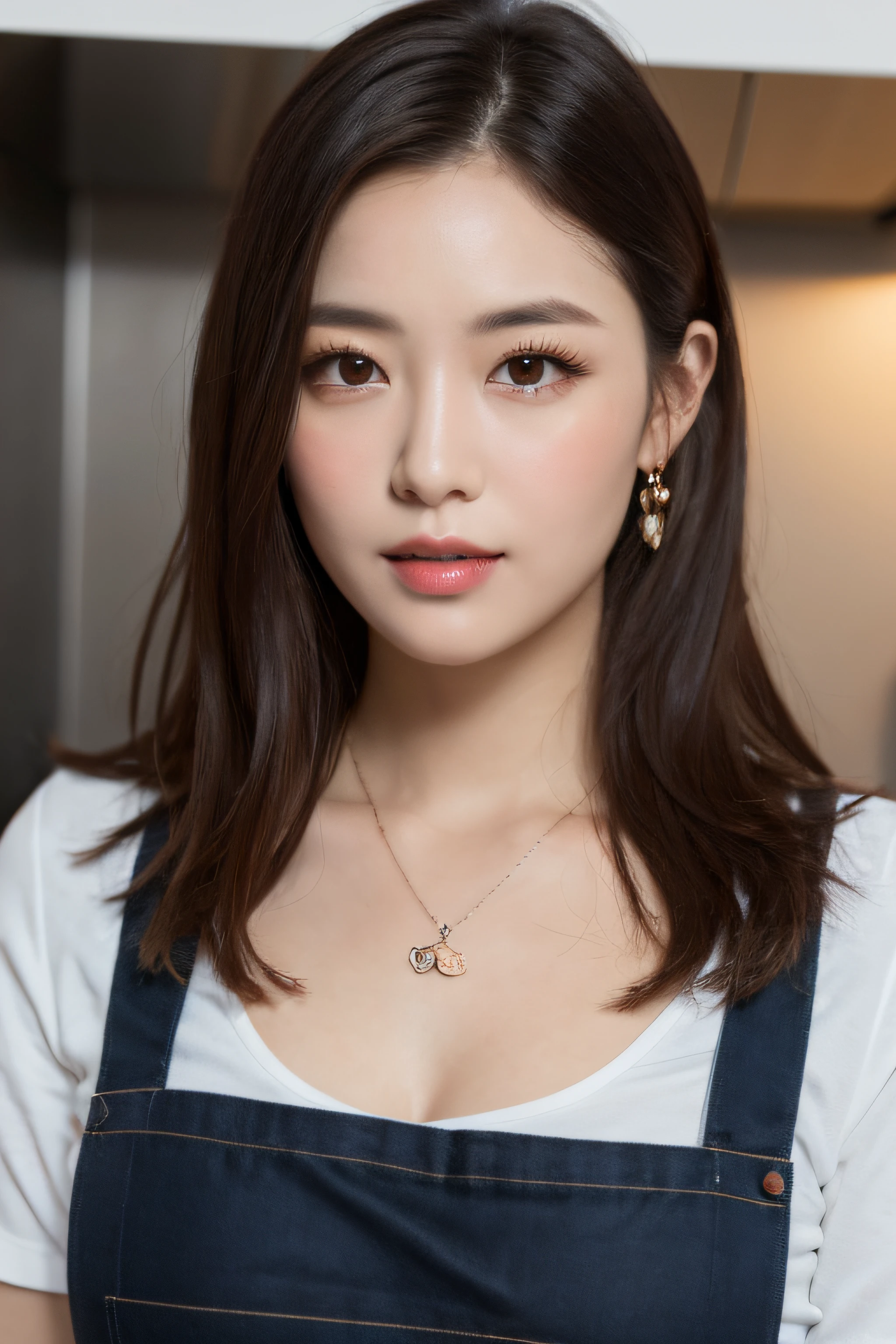 (Best quality, 8k, masterpiece: 1.3), a beautiful woman with perfect figure: 1.4, dark brown hair, wearing a pendant, wearing an apron, in the kitchen, highly detailed face and skin, detailed eyes, double eyelids, big breasts