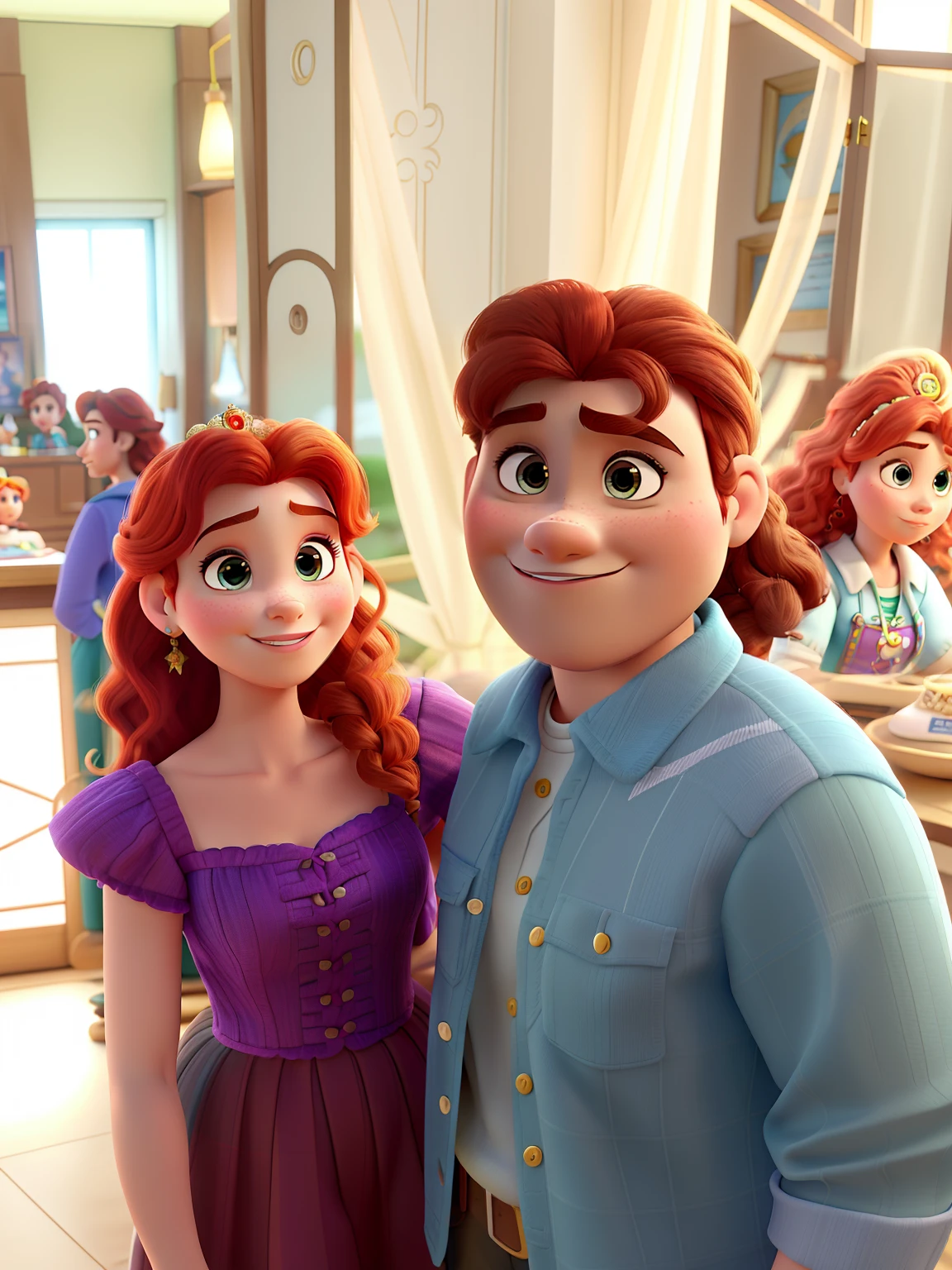 Mulher estilo disney pixar com o cabelo cacheado parecido com o cabelo da princesa Merida da disney e homem estilo disney pixar,  alta qualidade, melhor qualidade