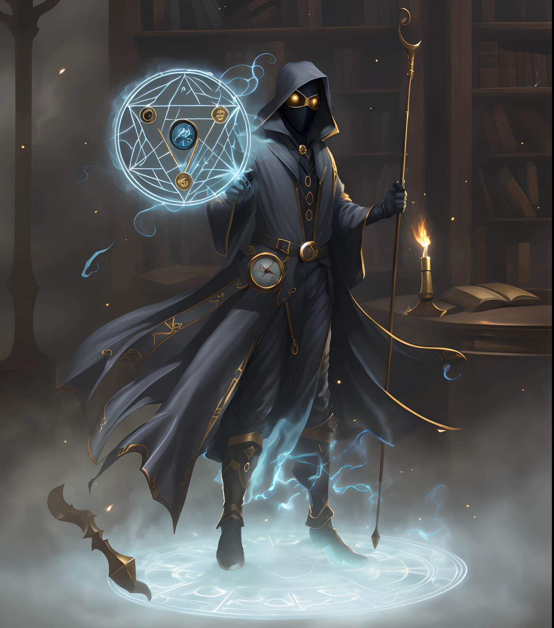 good male clockwork soul sorcerer a close up of a masked good well being dark grey time wizard with a staff and a gold circle magic, portrait of a mage, an arcane wizard casting a spell, fantasy mage, dark cloaked mage, , shadow mage male, d&d rpg epic mediecal sorcerer, mask good mage, in a library full of clocks and magical clocks