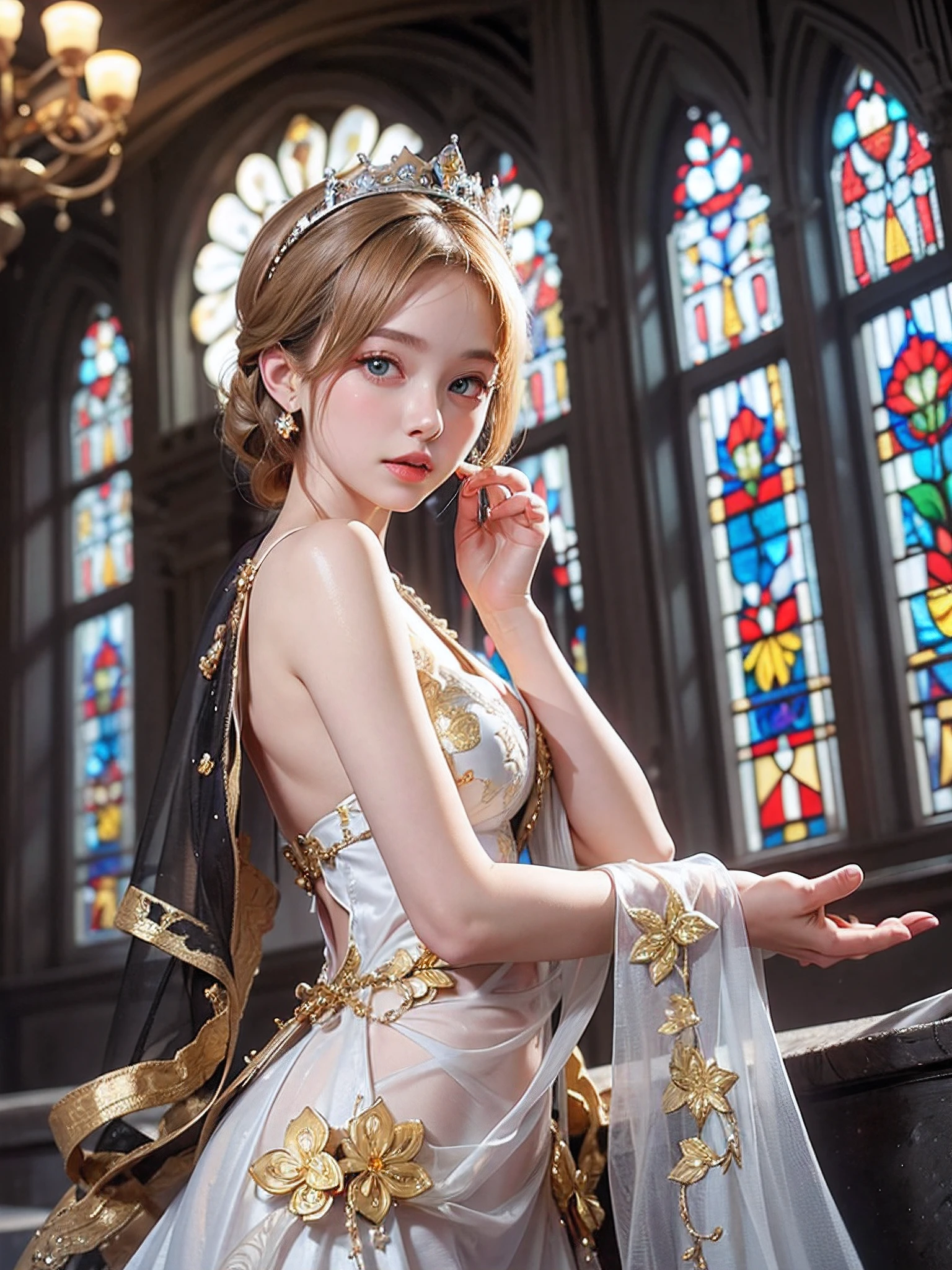 masutepiece、masutepiece、ultra-definition、accurate depiction、extremely high detail、8K picture quality、one girls、(18 year old pretty woman、18year old)、small head、Cute face、a blond、half up、Blue eyes、perfect glossy skin、((tre anatomically correct))、Perfect body:1.1、high-level image quality、masterpiece、Look at viewers、(White princess dress、Golden flower embroidery)、sexypose、Overflowing breasts、the royal palace、Large stained glass windows、Enveloping her presence with delicate particles、Soft light、divine atmosphere、Photoreal Stick