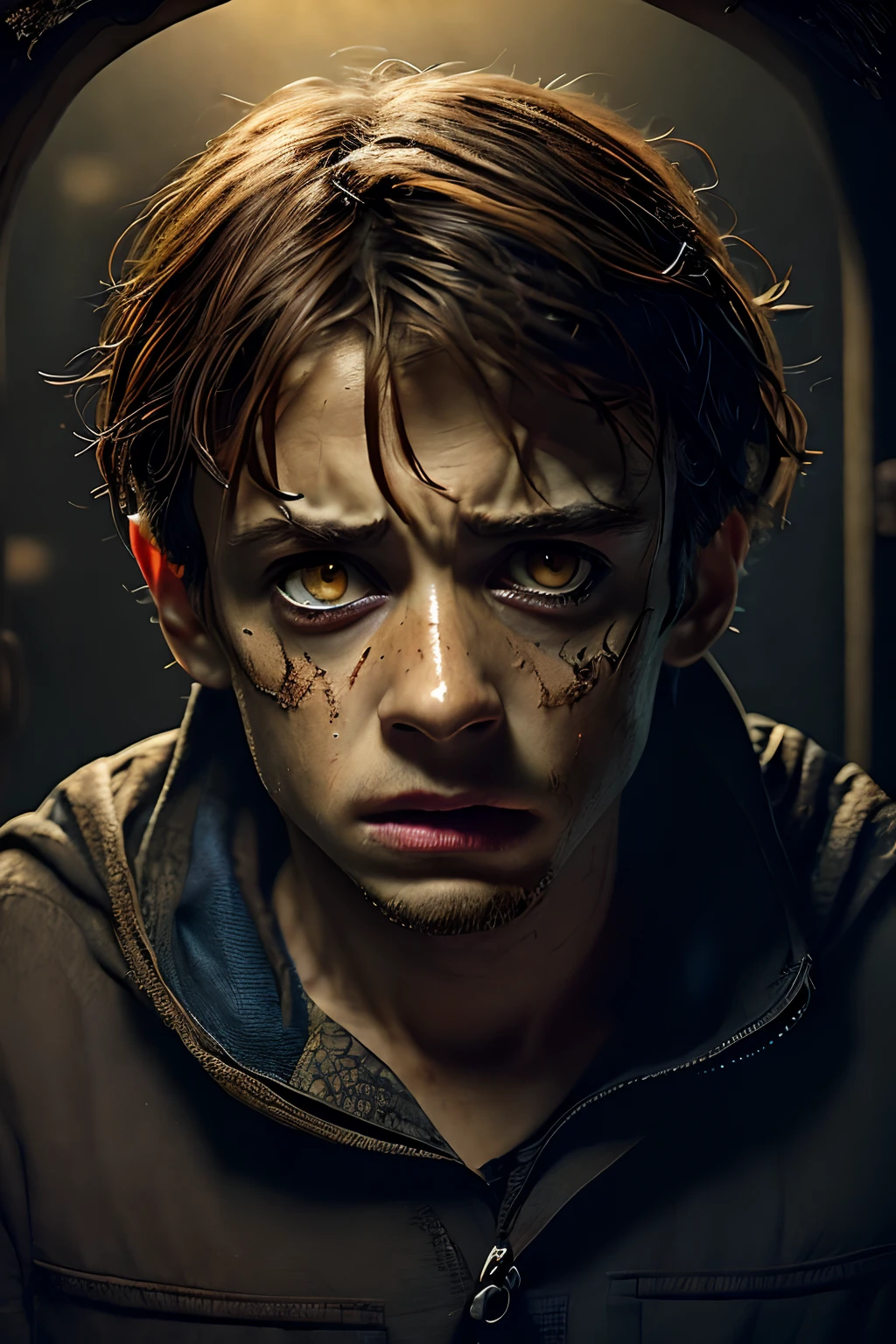 (((monstrous))), (((very ugly))), (extremely detailed 8k wallpaper), Dark Theme, Modern Horror, (normal eyes), uses (poor clothes), fine focus, (subsurface dispersion:1.1), (brown hair), (skinny young-aged man), expression (sad), centered face, award-winning photography, dramatic lighting, in the sewers.