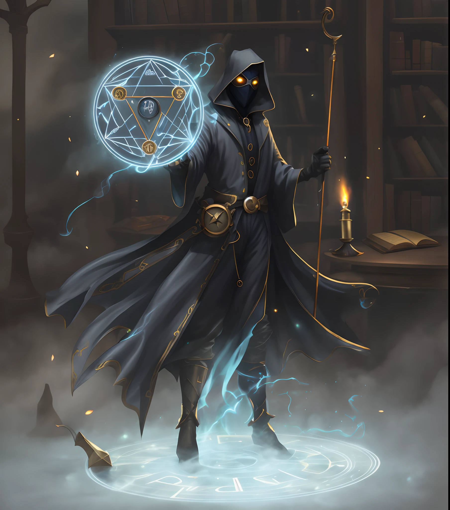 good male clockwork soul sorcerer a close up of a masked good well being dark grey time wizard with a staff and a gold circle magic, portrait of a mage, an arcane wizard casting a spell, fantasy mage, dark cloaked mage, , shadow mage male, d&d rpg epic mediecal sorcerer, mask good mage, in a library full of clocks and magical clocks