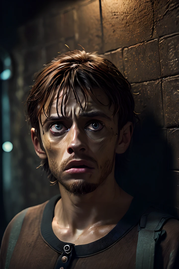(((monstrous))), (((very ugly))), (extremely detailed 8k wallpaper), Dark Theme, Modern Horror, (normal eyes), uses (poor clothes), fine focus, (subsurface dispersion:1.1), (brown hair), (skinny young-aged man), expression (sad), centered face, award-winning photography, dramatic lighting, in the sewers.