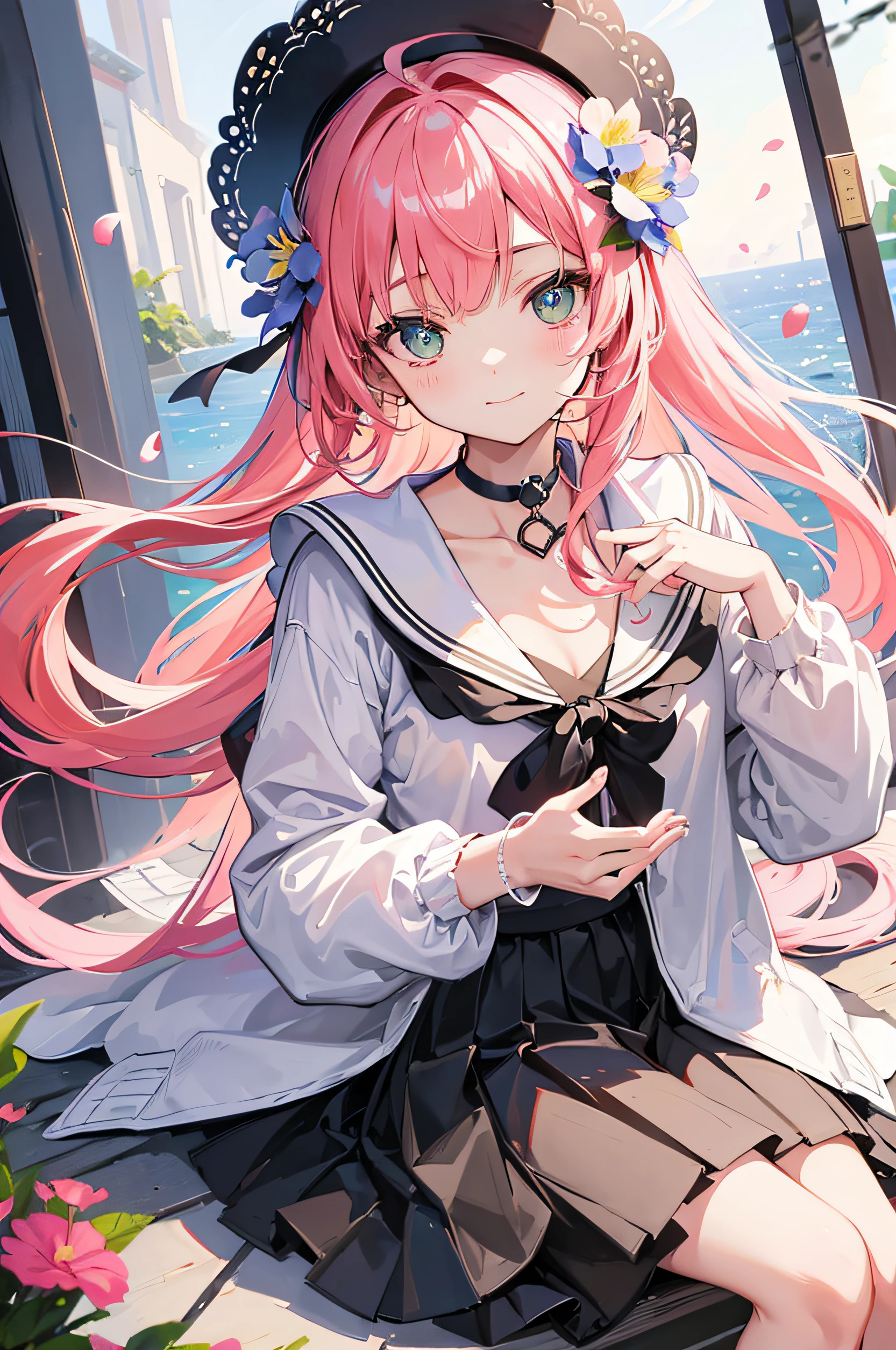 extremely delicate and beautiful girls, impressionism, dutch_angle, from bellow,ceiling,looking at viewer, focus on the girl, sitting, petite, girl,woman,female, young,16 years old, very long hair, ringlets, asymmetrical bangs, hair over one eye, messy floating pink hair, two-tone hair, shiny hair, ahoge, Delicate facerain, light smile, bright pupils, cleavage, green eyes, hair_flower, choker, serafuku, jacket, pleated_skirt, petals, outdoors, falling petals, depth_of_field,