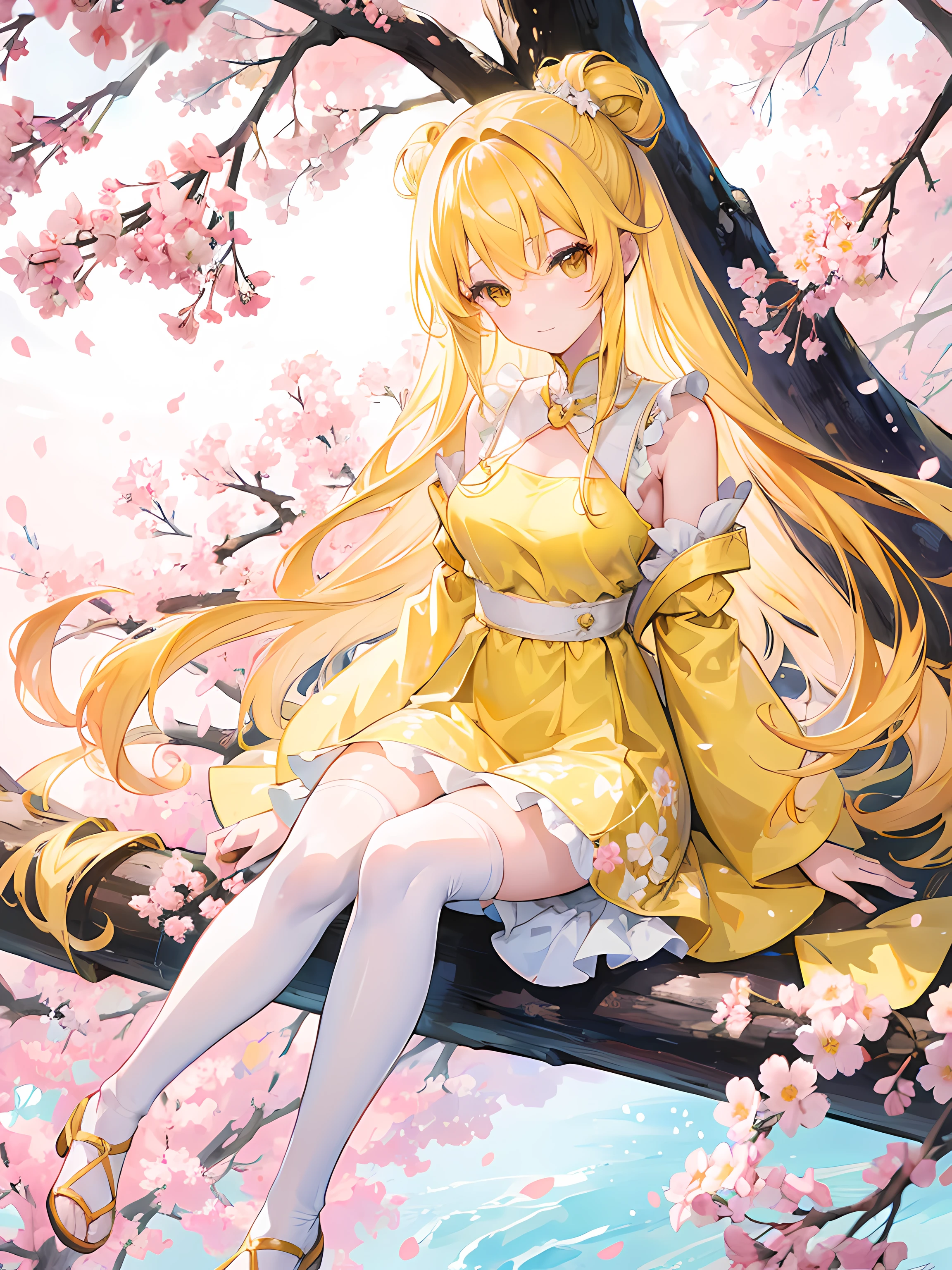anime girl sitting on top of a sakura tree, clear sky, (1girl), long yellow hair, yellow eyes, yellow dress, medium breasts, white tights, happy!!!, beautiful anime artwork, ultrasharp, masterpiece, high res, 8k