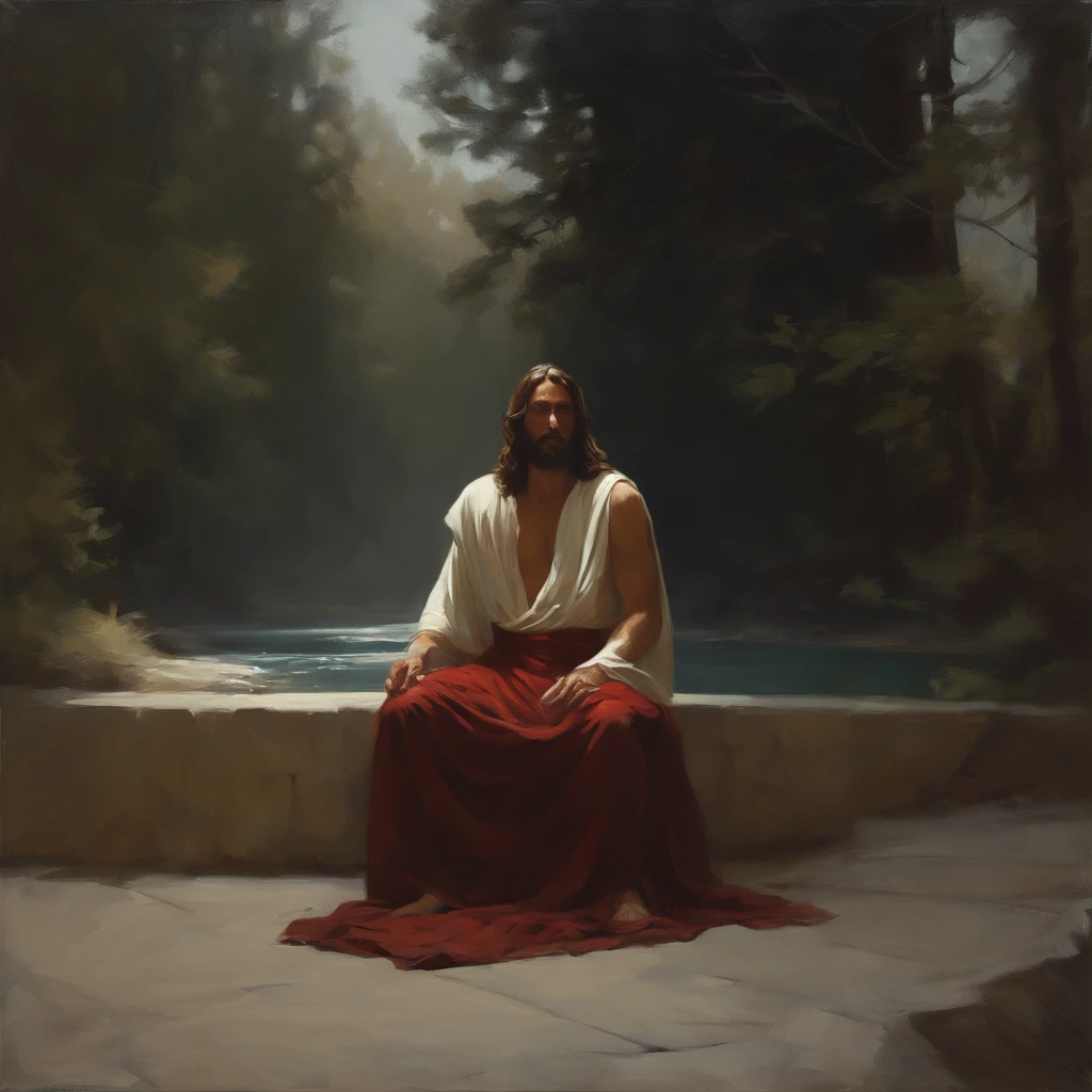 full body photo of jesus christ majestic spooky disquieting professional oil painting by Ed Blinkey Atey Ghailan by Jeremy Mann Greg Manchess rays of light Antonio Moro trending on ArtStation trending on CGSociety Intricate High Detail Focus crisp, dramatic, photorealistic painting art by Midjourney and Greg Rutkowski