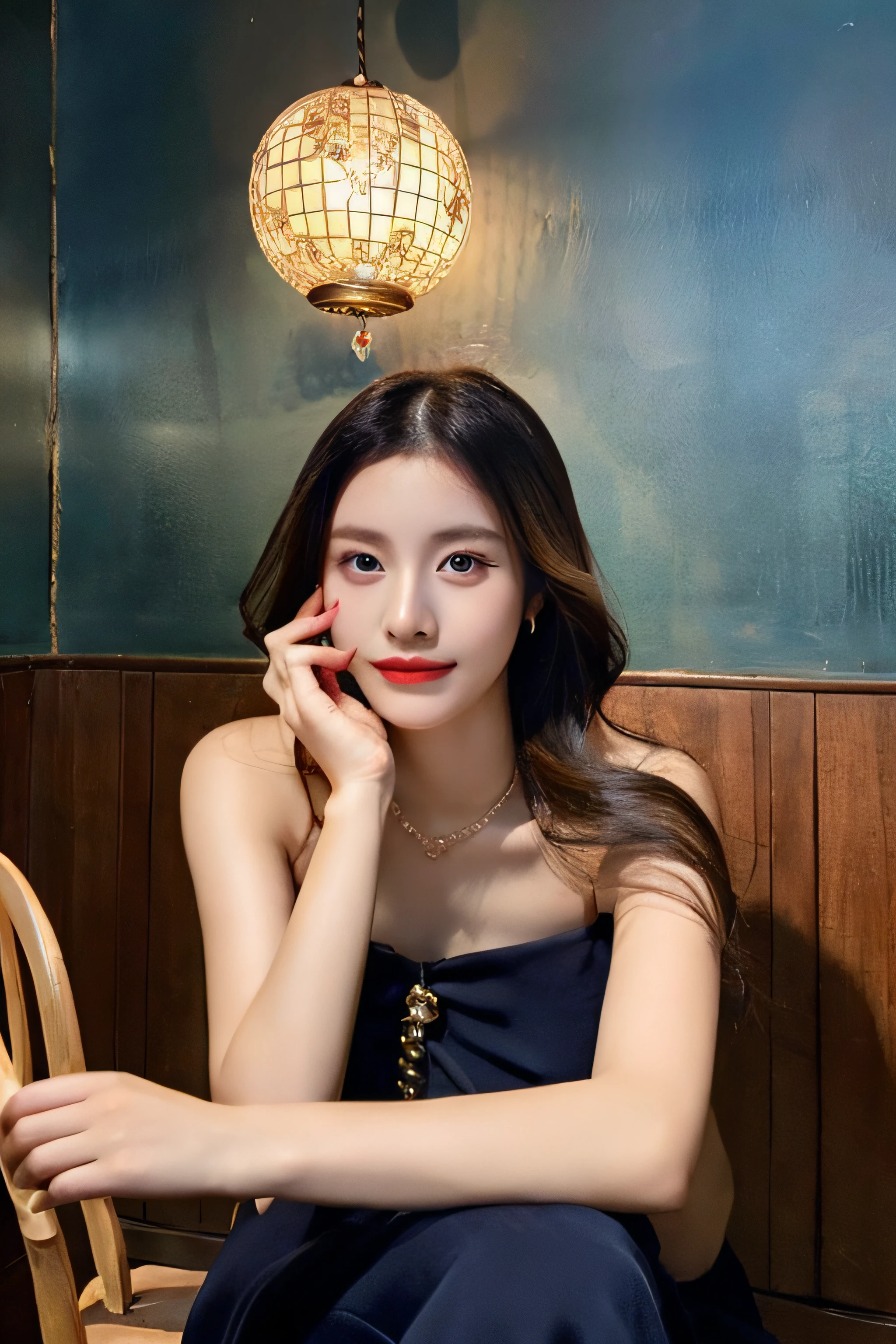 Fantastic background、Woman dressed as a fortune teller、Sitting on a chair、A beautiful ball on the desk、divination、faces、Facing the front